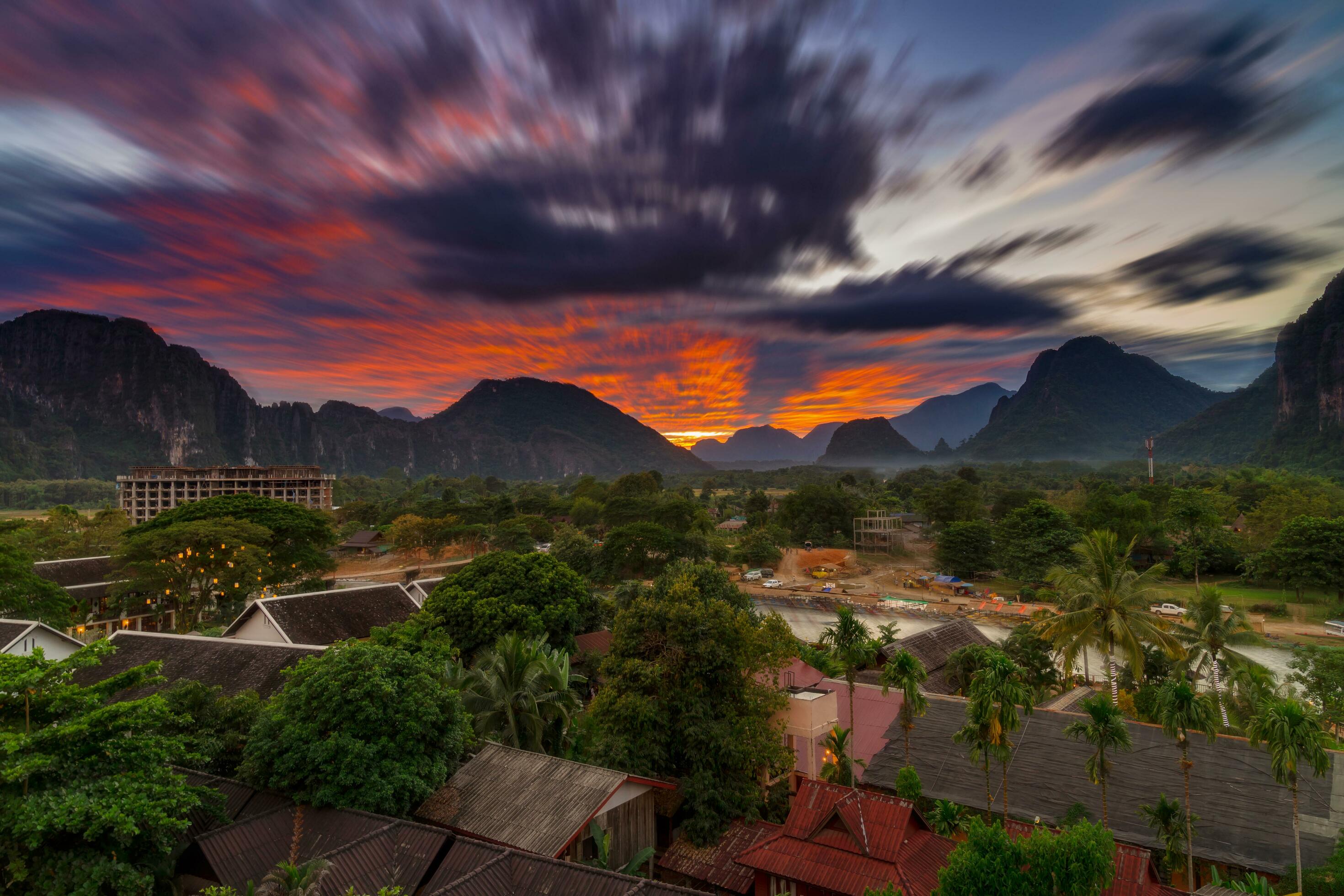 Long exposure landscape view panorama at Sunset in Vang Vieng, Laos. Stock Free