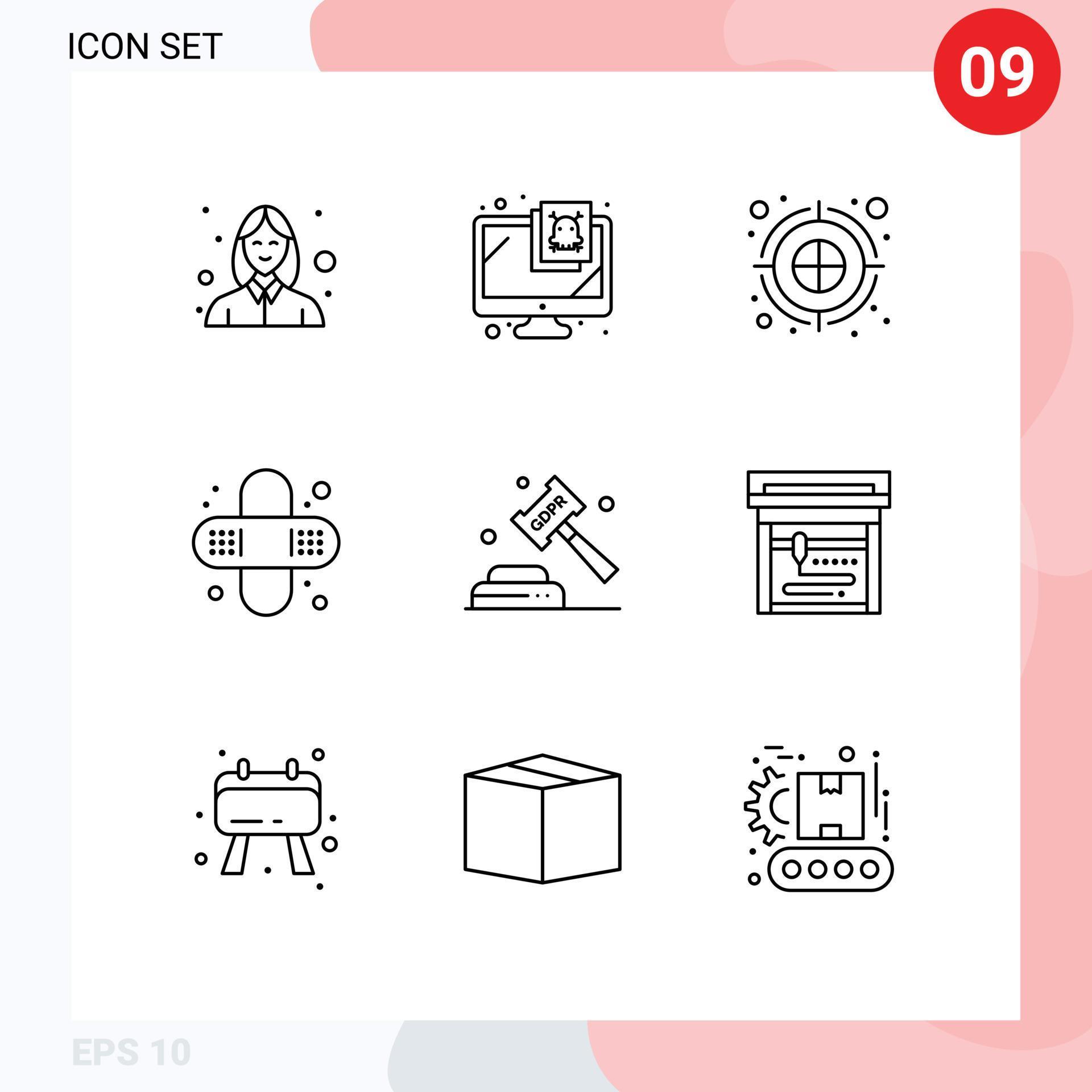 Modern Set of 9 Outlines Pictograph of justice enforcement archery arrow medical bandage Editable Vector Design Elements Stock Free