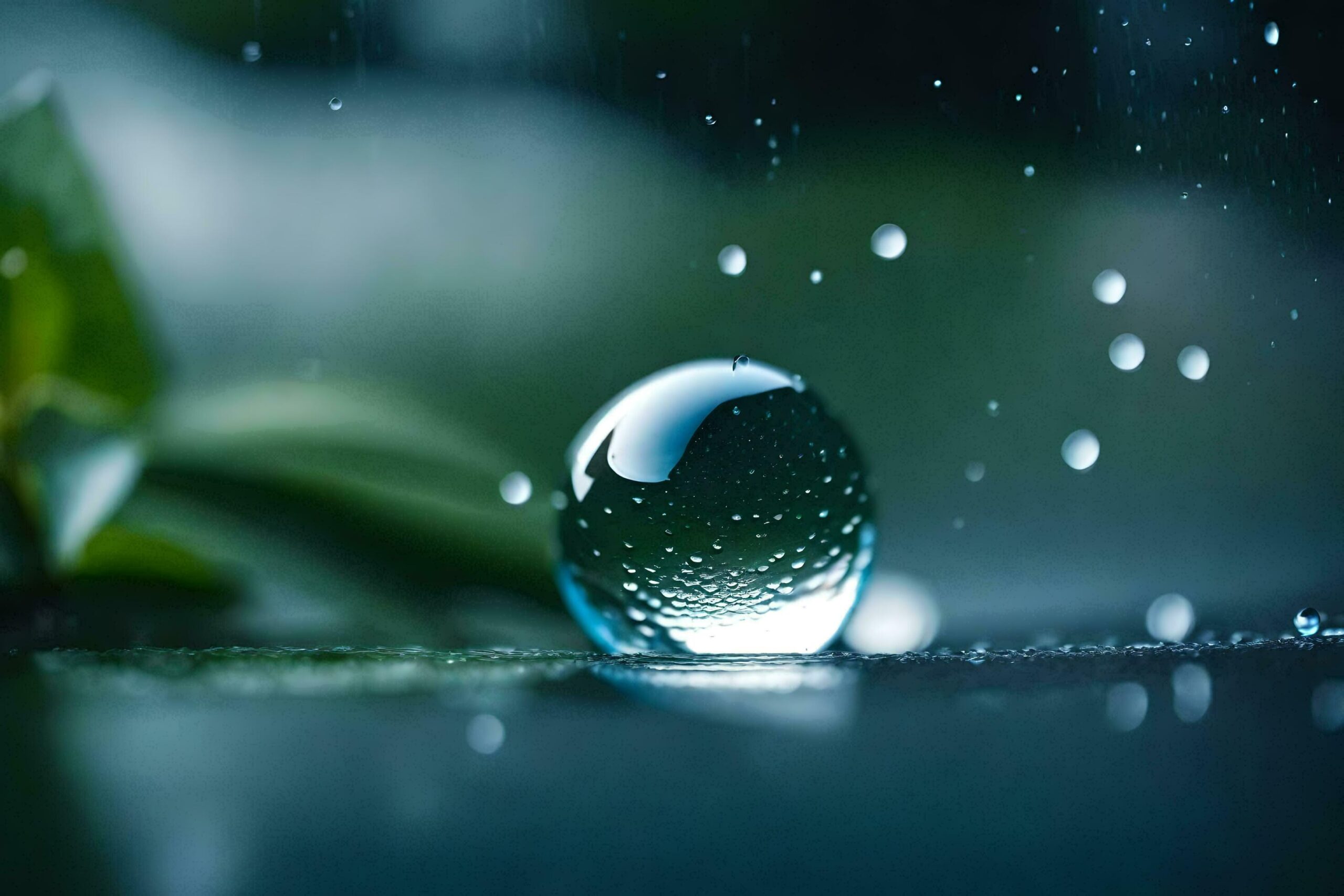 a water droplet is sitting on the ground with leaves Free Photo