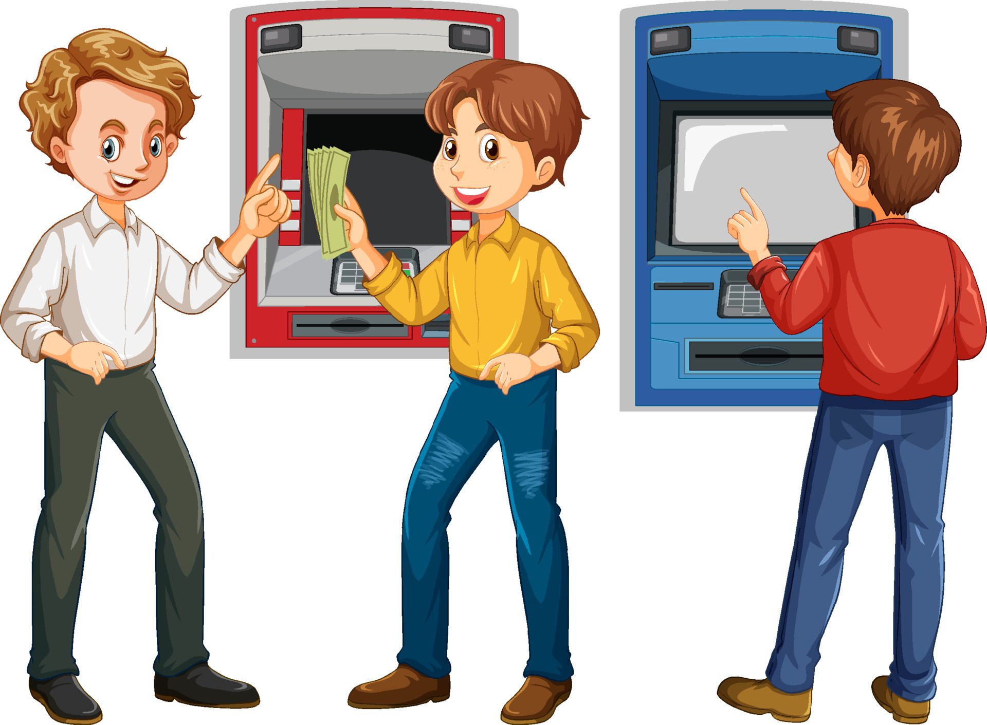 ATM machine with people cartoon character Free Vector