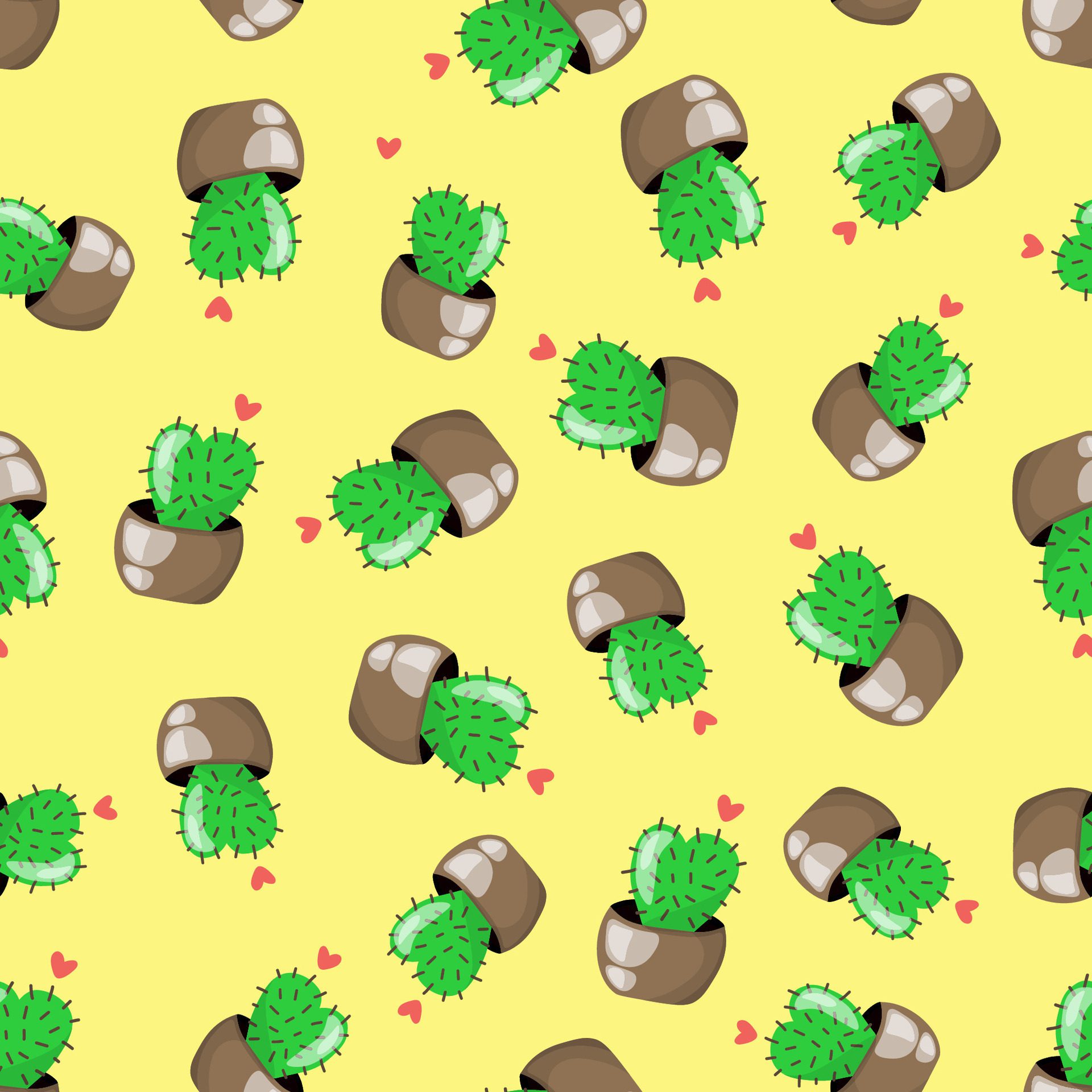 Seamless pattern with cute cacti and hearts, in green, pink, brown and yellow colors. In cartoon style. Free Vector