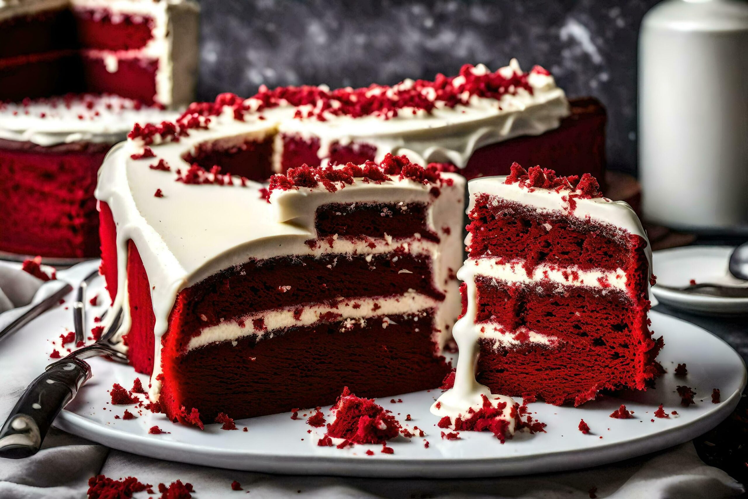 a piece of red velvet cake with a slice taken out Free Photo