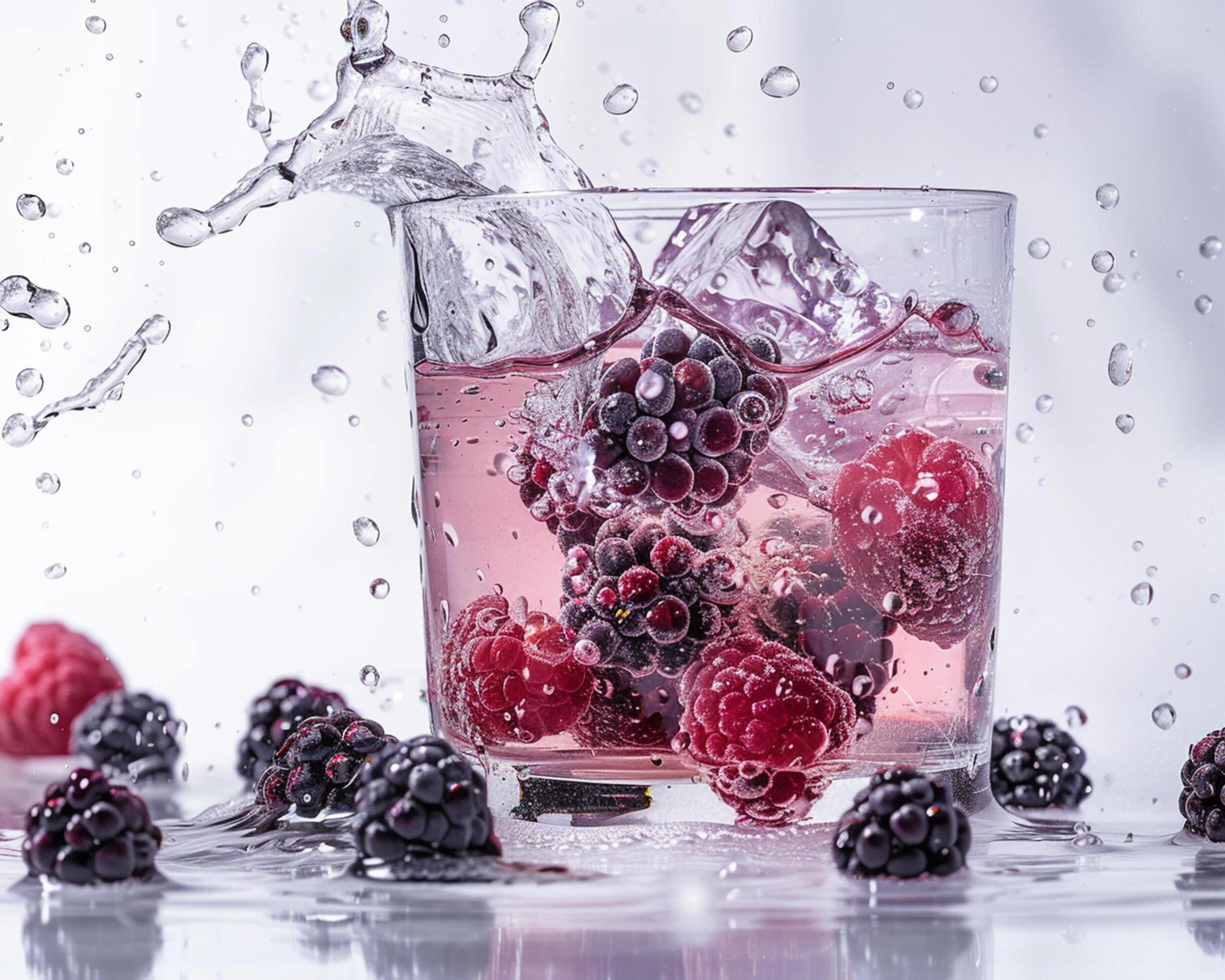 a glass of water with berries and water splashing Stock Free