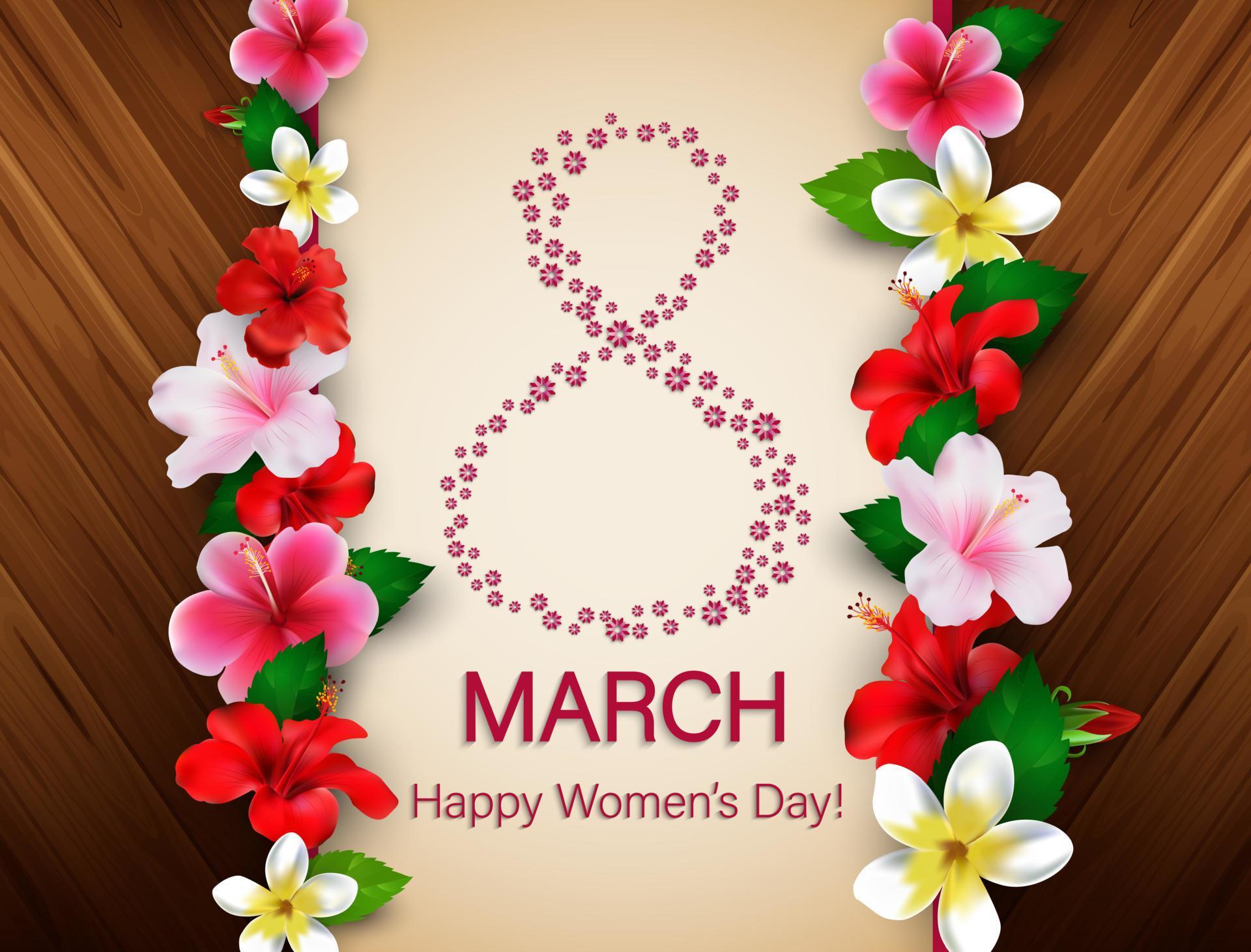 8 march international happy women’s day background with flowers. Hibiscus blossoms design Stock Free