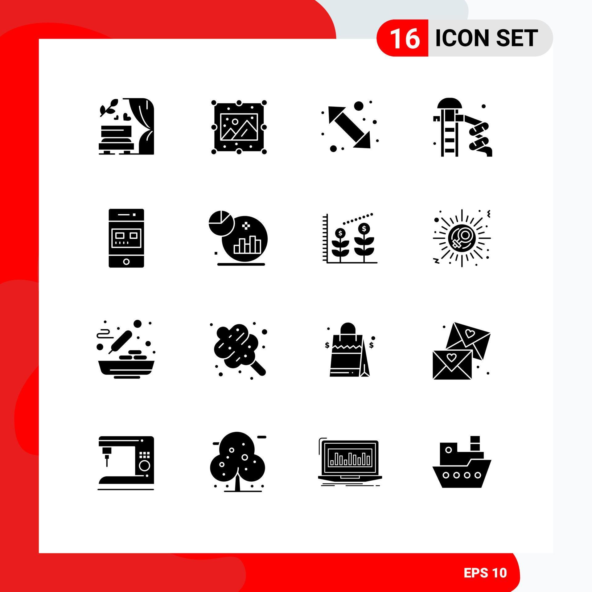 Pack of 16 Modern Solid Glyphs Signs and Symbols for Web Print Media such as bank water arrow slider up right Editable Vector Design Elements Stock Free