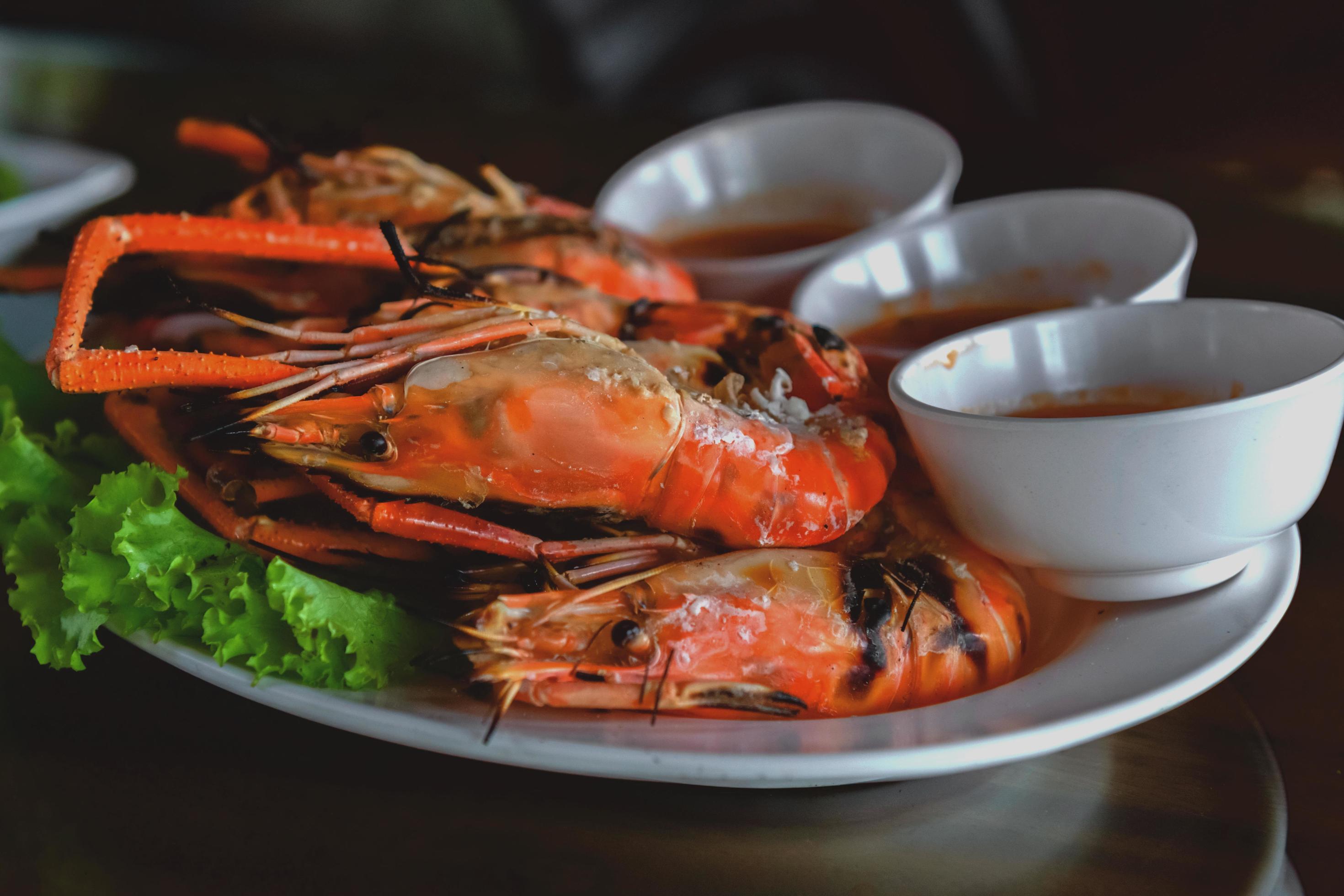 Burnt shrimp sea food on dish Stock Free