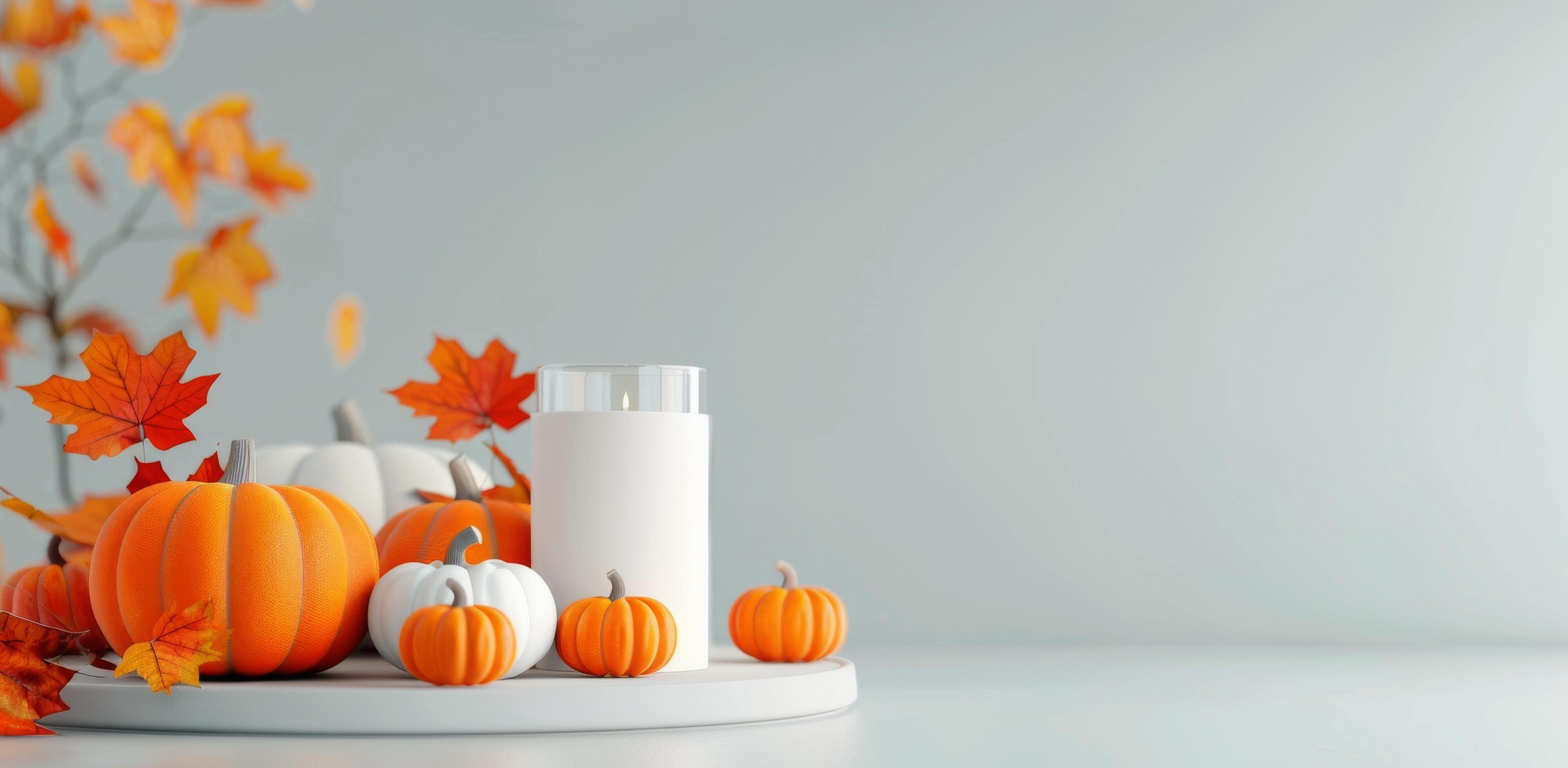 Autumn Arrangement of Pumpkins, Leaves, and Acorns on a Neutral Background Stock Free