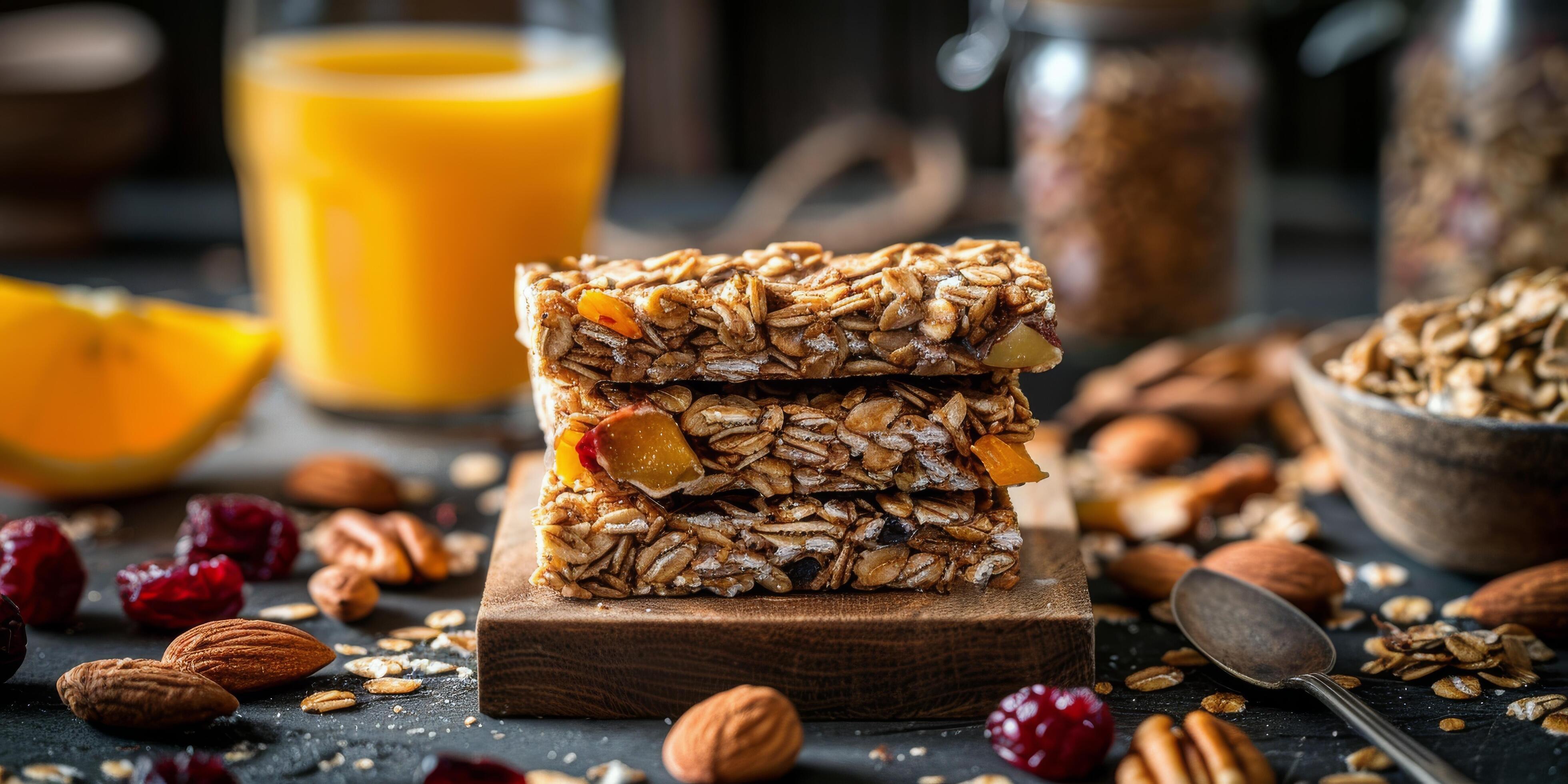 Stacked Granola Bars With Dried Fruit, Nuts, and Orange Juice on Rustic Wooden Surface Stock Free