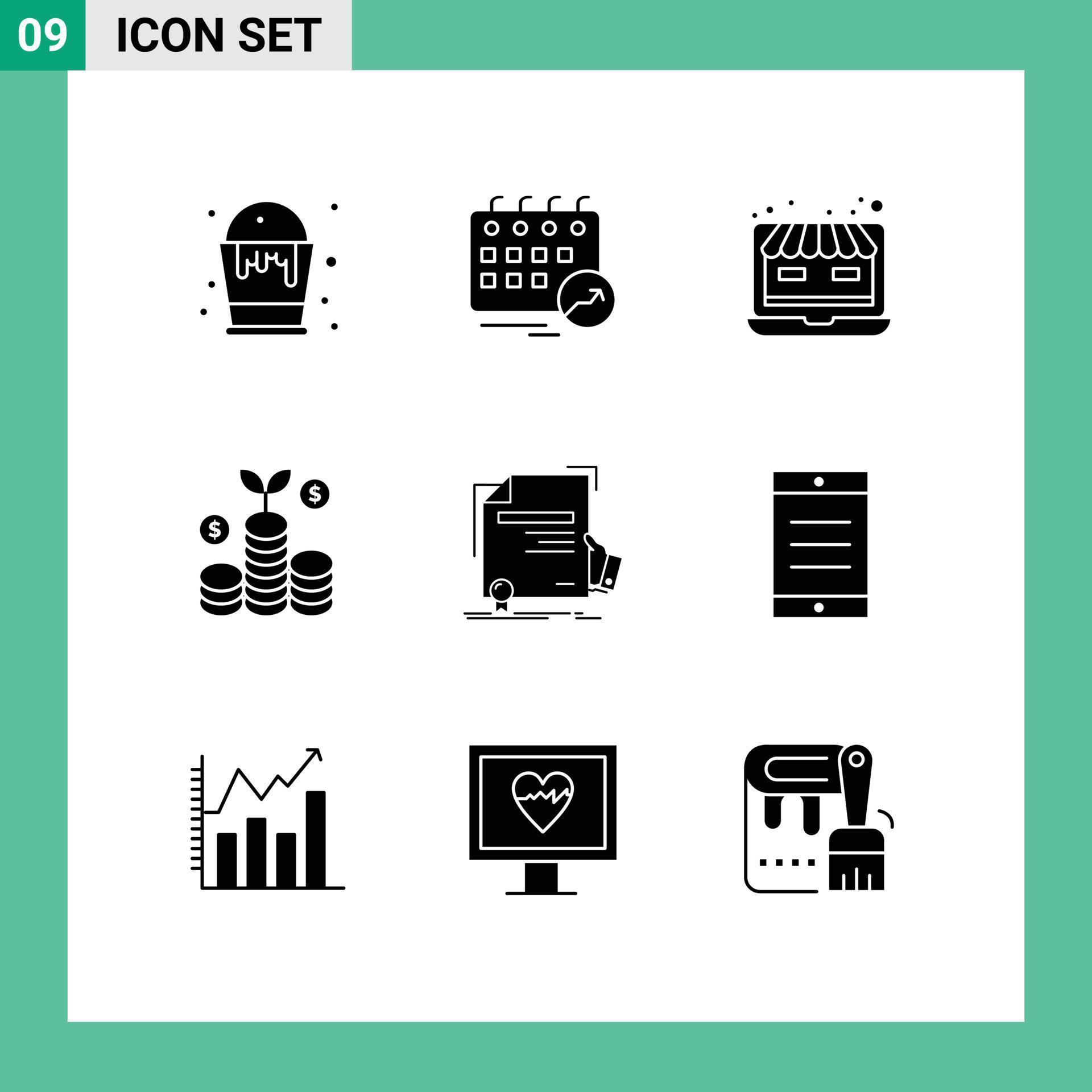 Solid Glyph Pack of 9 Universal Symbols of degree money arrow investment online store Editable Vector Design Elements Stock Free