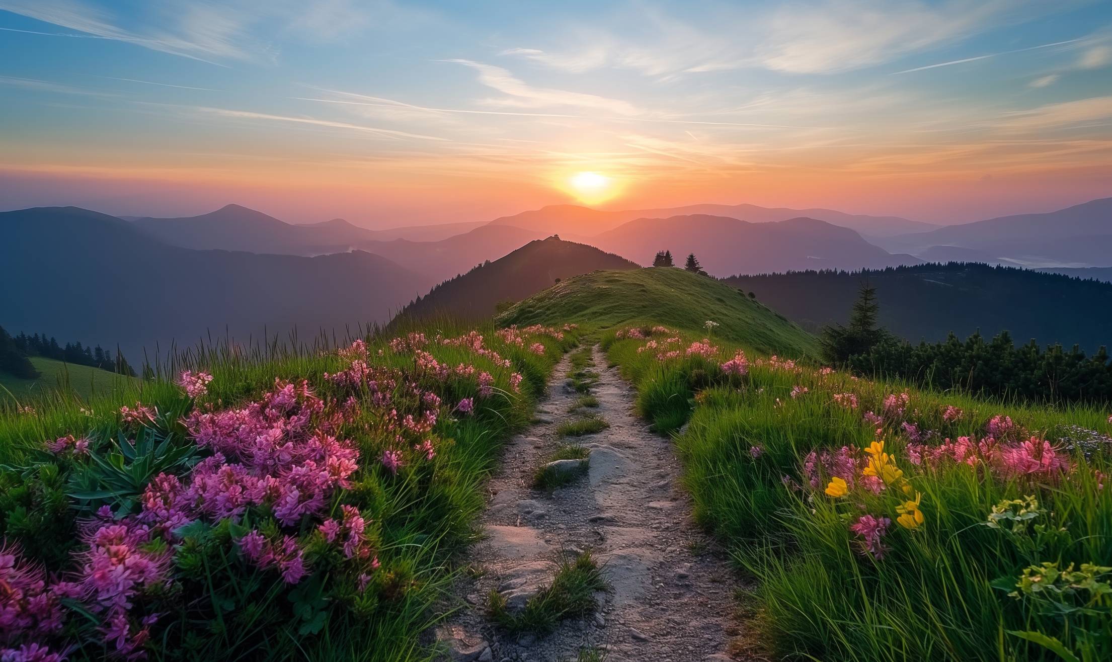 Beautiful Morning in Flowering Mountain Landscape Stock Free