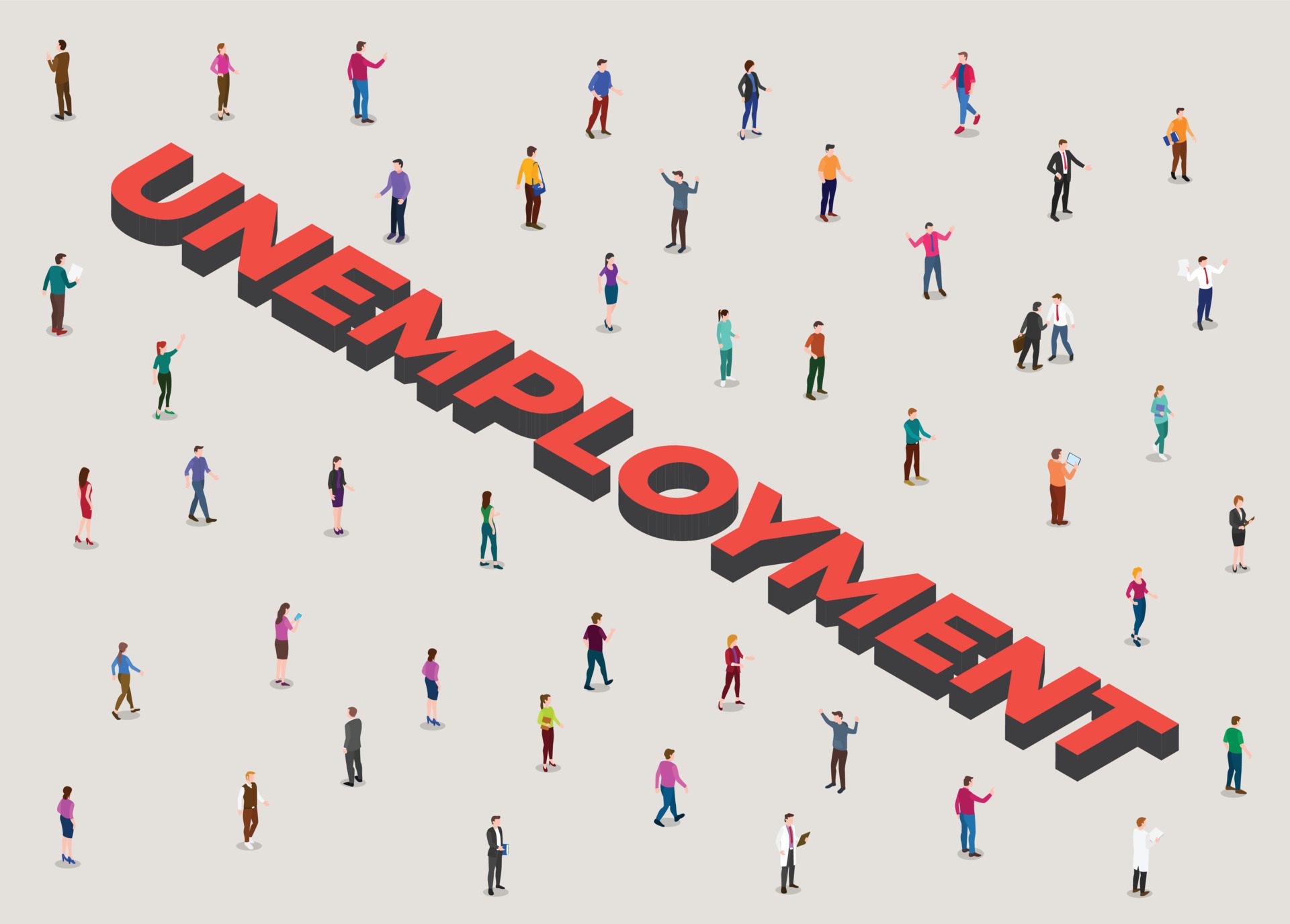 unemployment concept with people crowd beside big text Free Vector