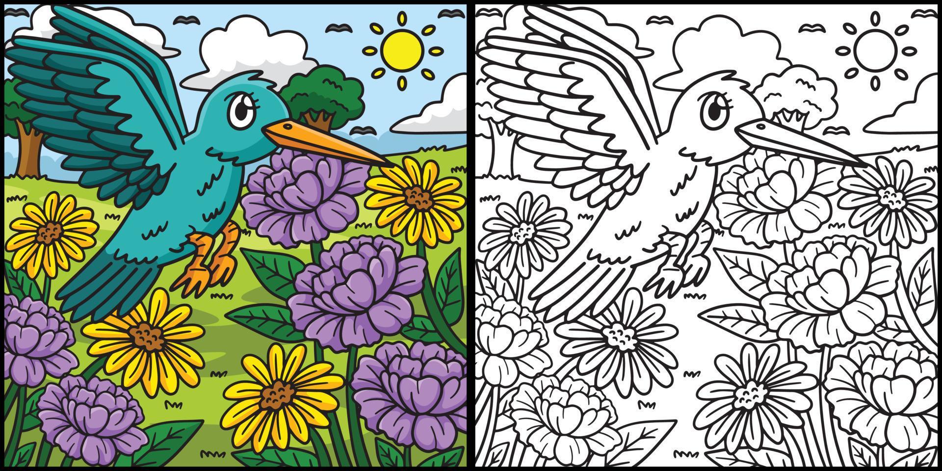 Spring Bird Over Flowers Coloring Illustration Stock Free