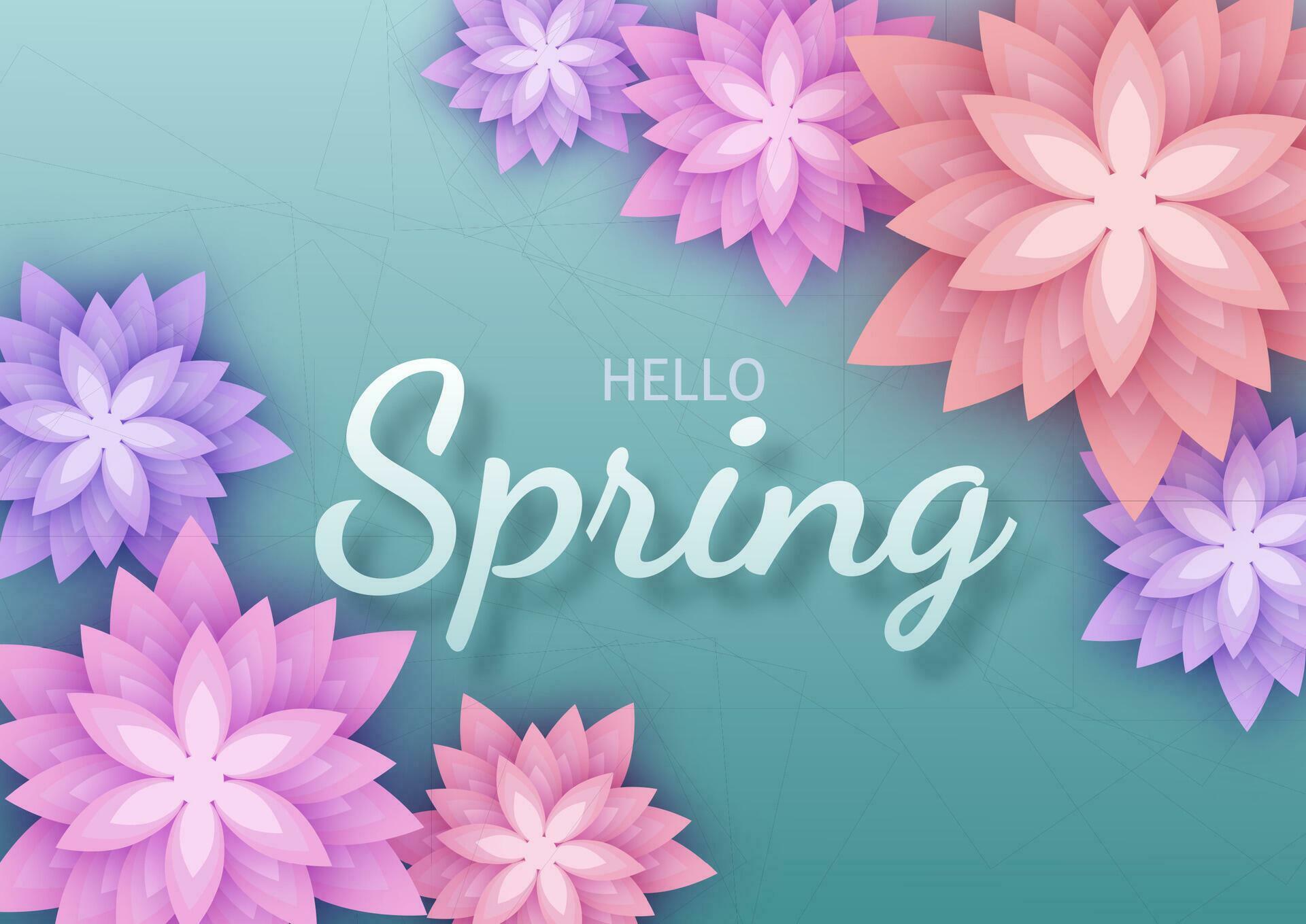 Hello Spring, floral greeting card, paper flowers. Banner with realistic paper flowers. Vector illustration Stock Free