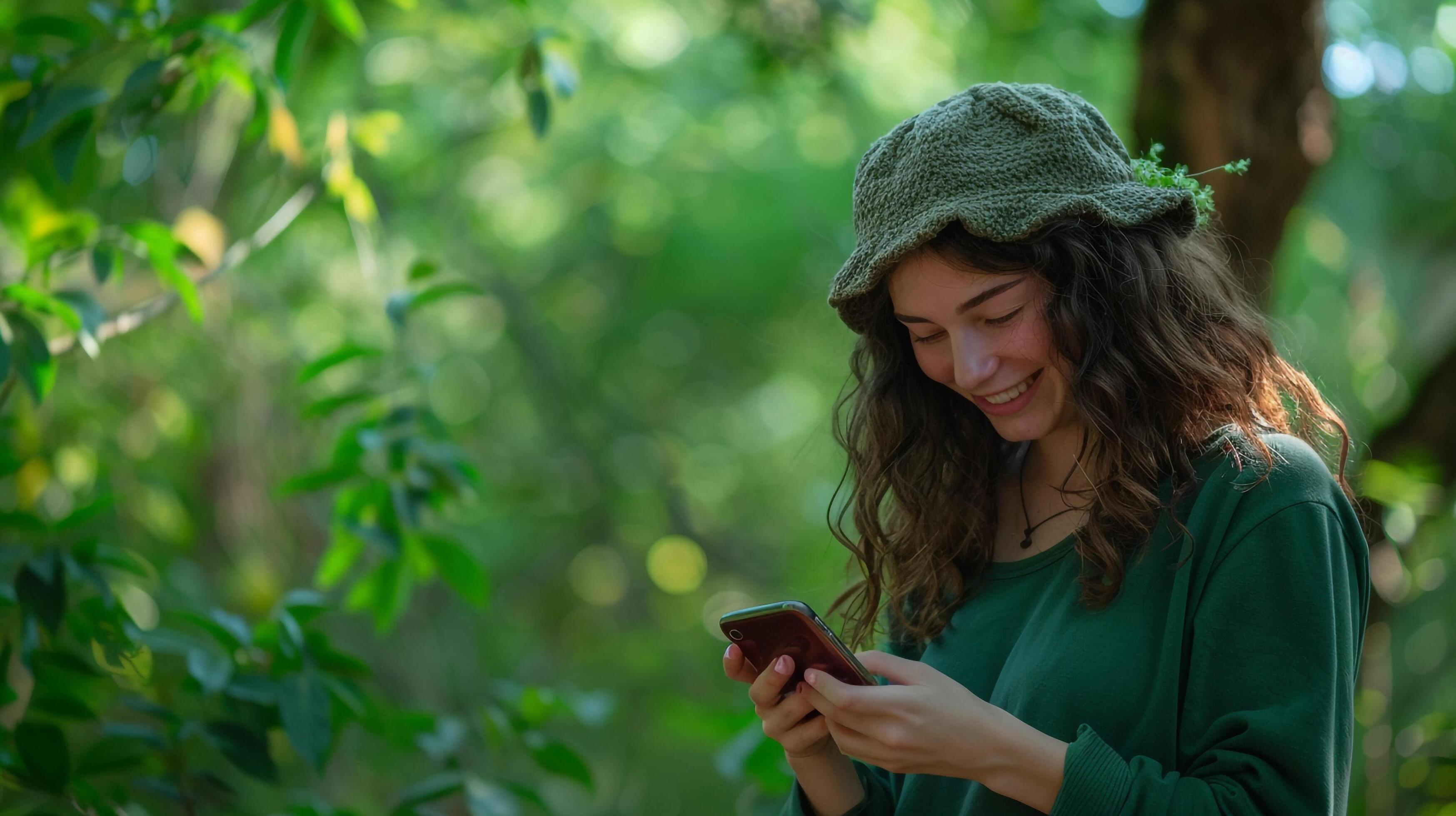 Female in green top and hat using mobile phone Stock Free