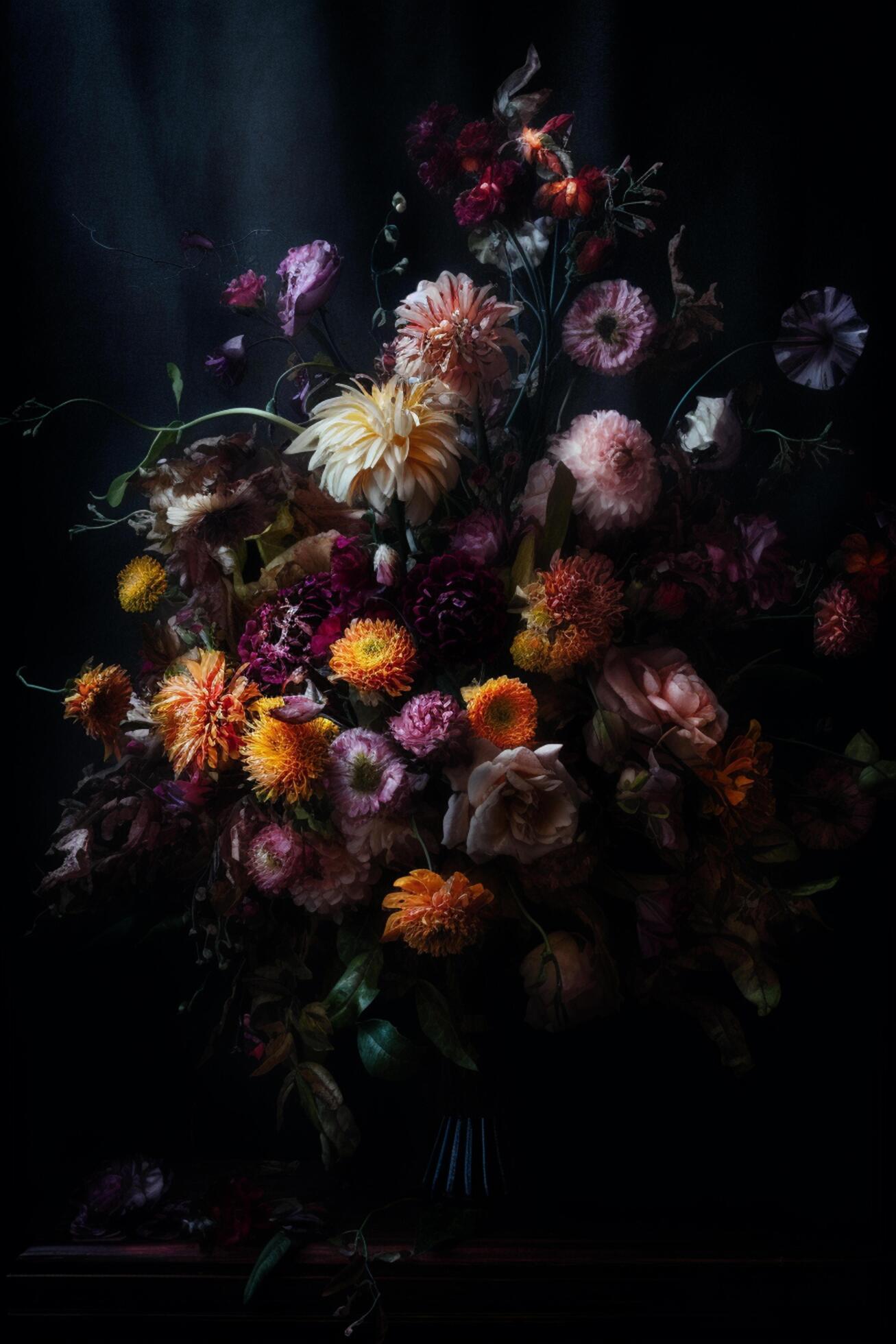 Vibrant Bouquet A Painting of Colorful Flowers Against a Dark Background Stock Free