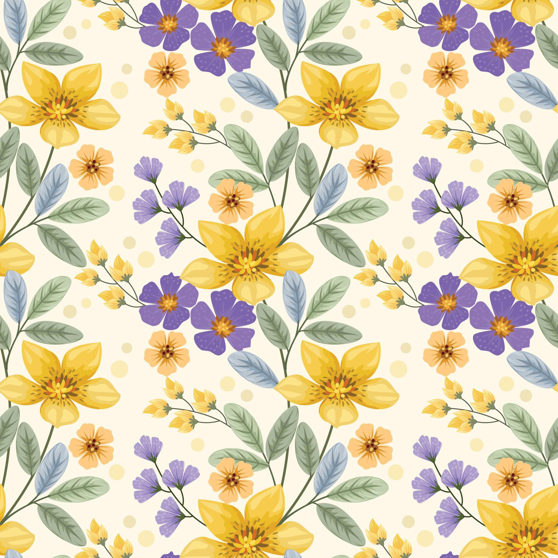 Yellow and purple blooming flowers seamless pattern. Stock Free