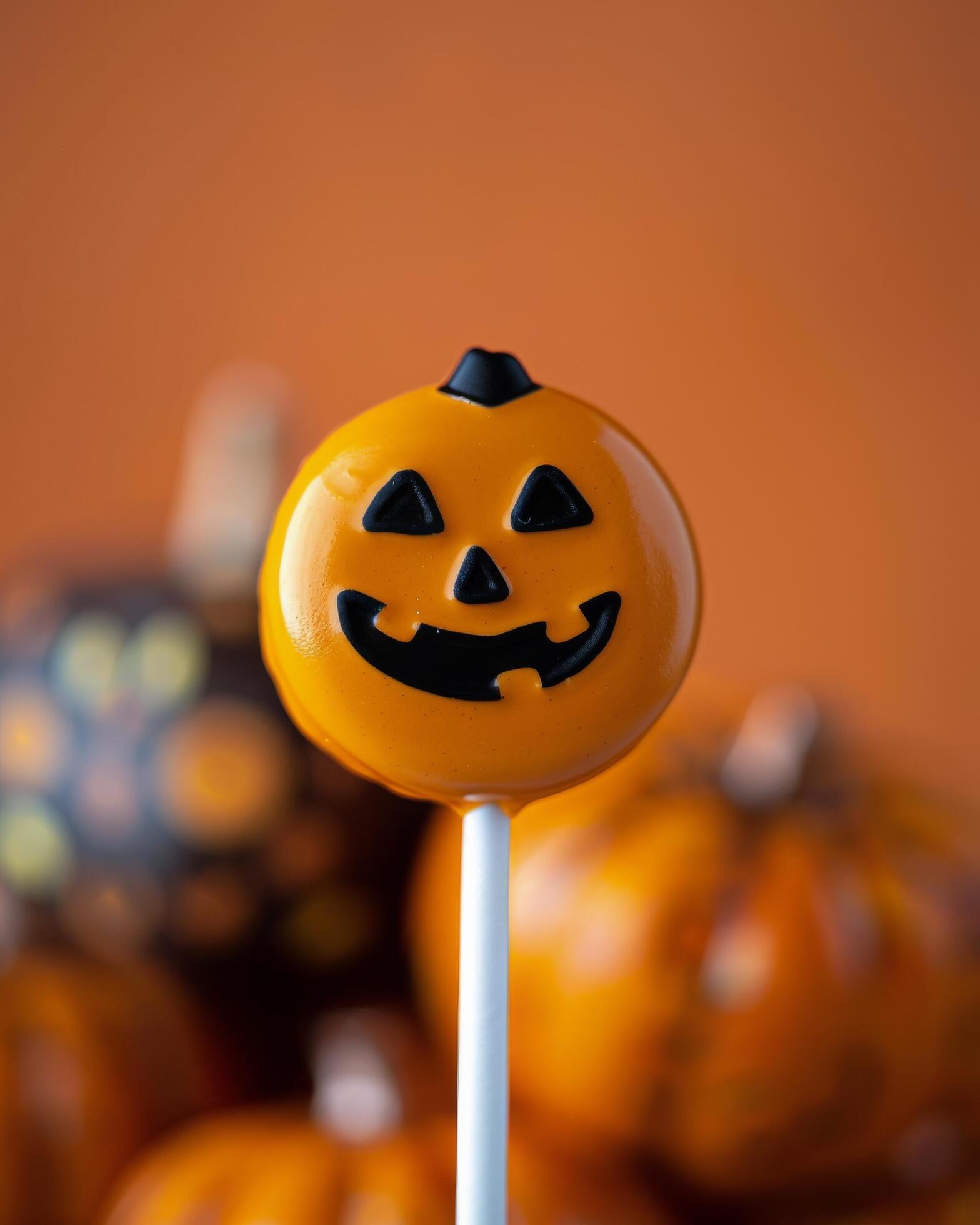 Halloween Cake Pops With Pumpkin Decorations Against Orange Background Stock Free