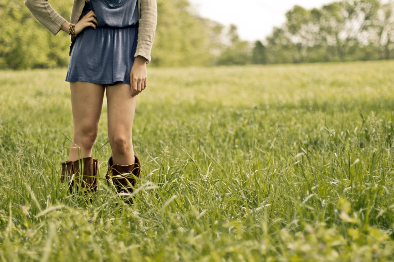 Girl Boots Standing Green Grass Field Stock Free