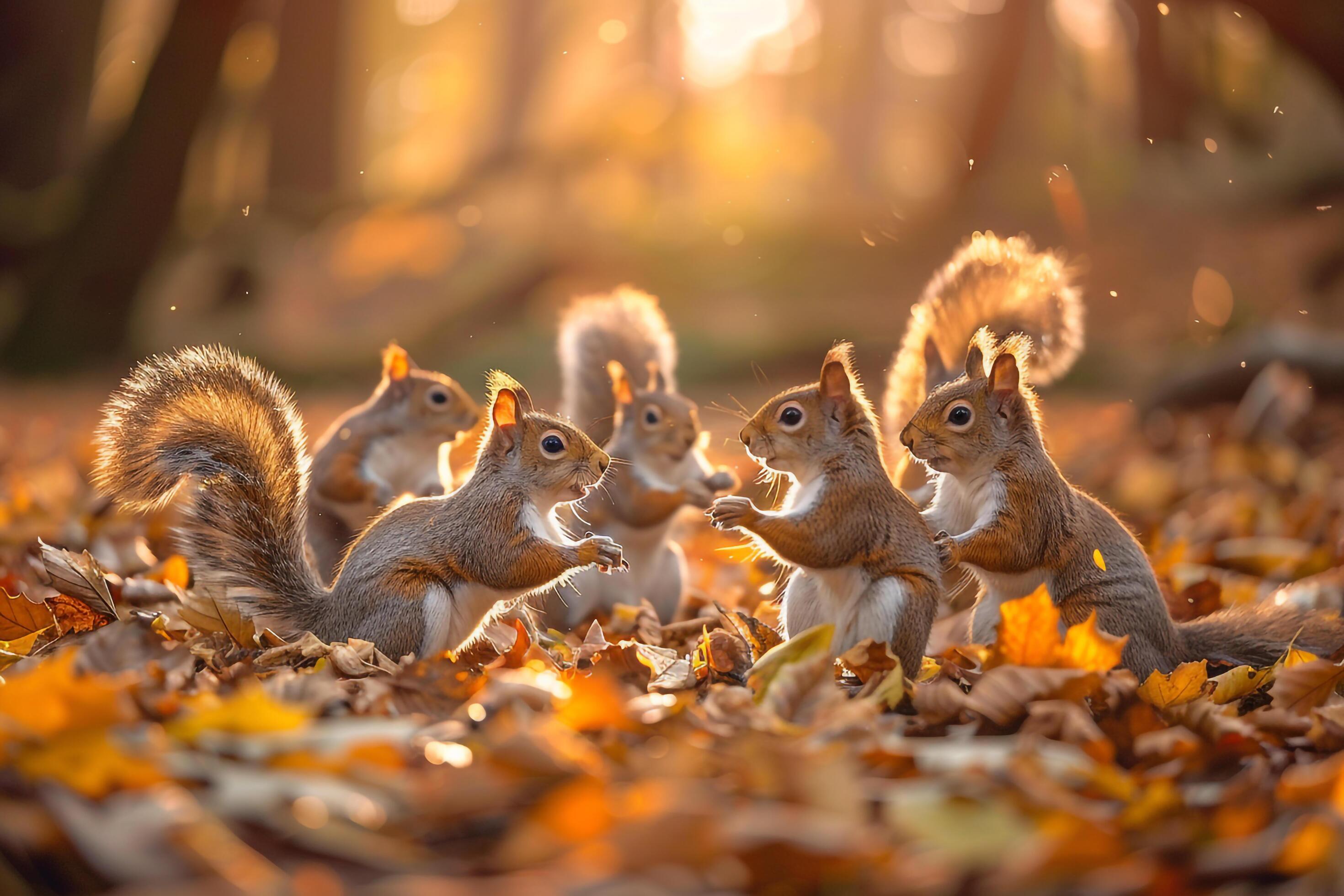 Family of Squirrels Playfully Chasing Each Other Among Sun Dappled Autumn Leaves Nature Background Stock Free