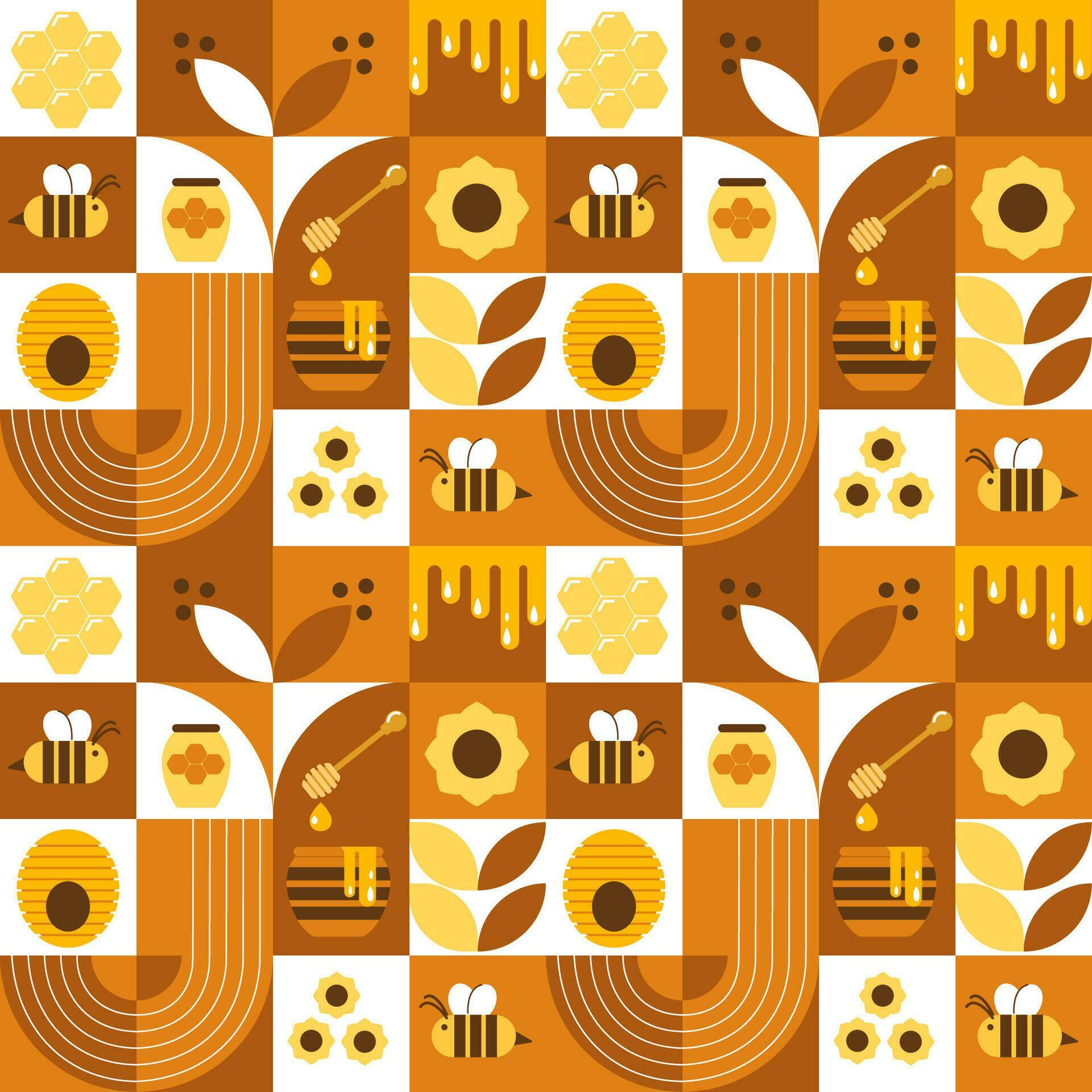 Vector seamless pattern with bees, honey, honeycombs, hive, flowers. Modern abstract Background. Bauhaus style style. Vector illustration of geometric shapes. Stock Free