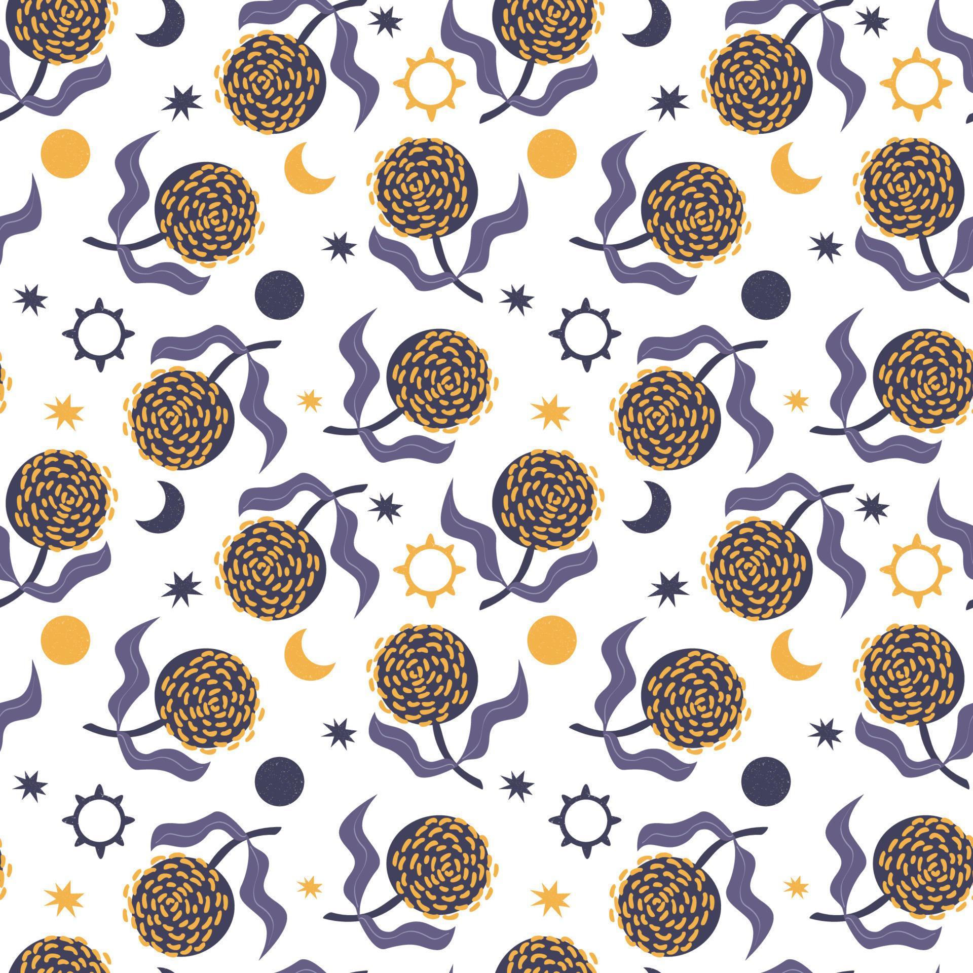 Flowers and moon, sun. Mystic. Vector illustration, seamless pattern Stock Free