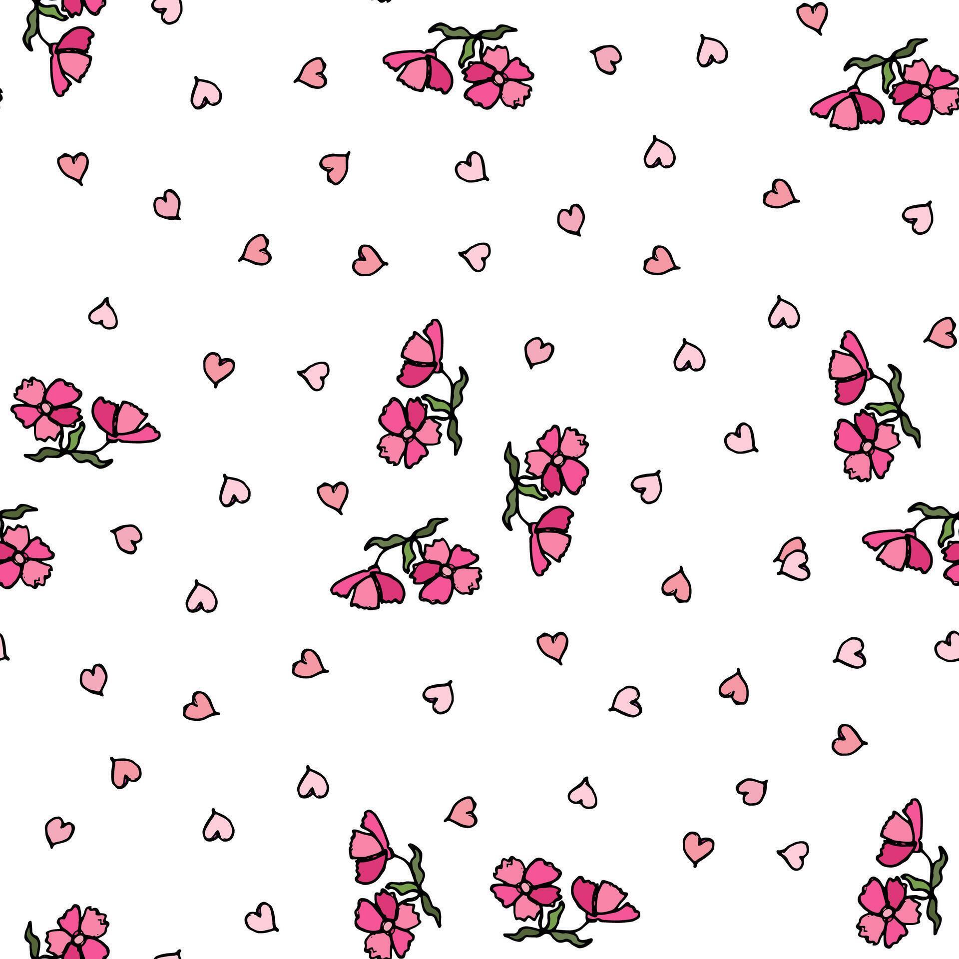 Seamless pattern with small flowers and hearts isolated on a white background. Hand-drawn illustration Stock Free