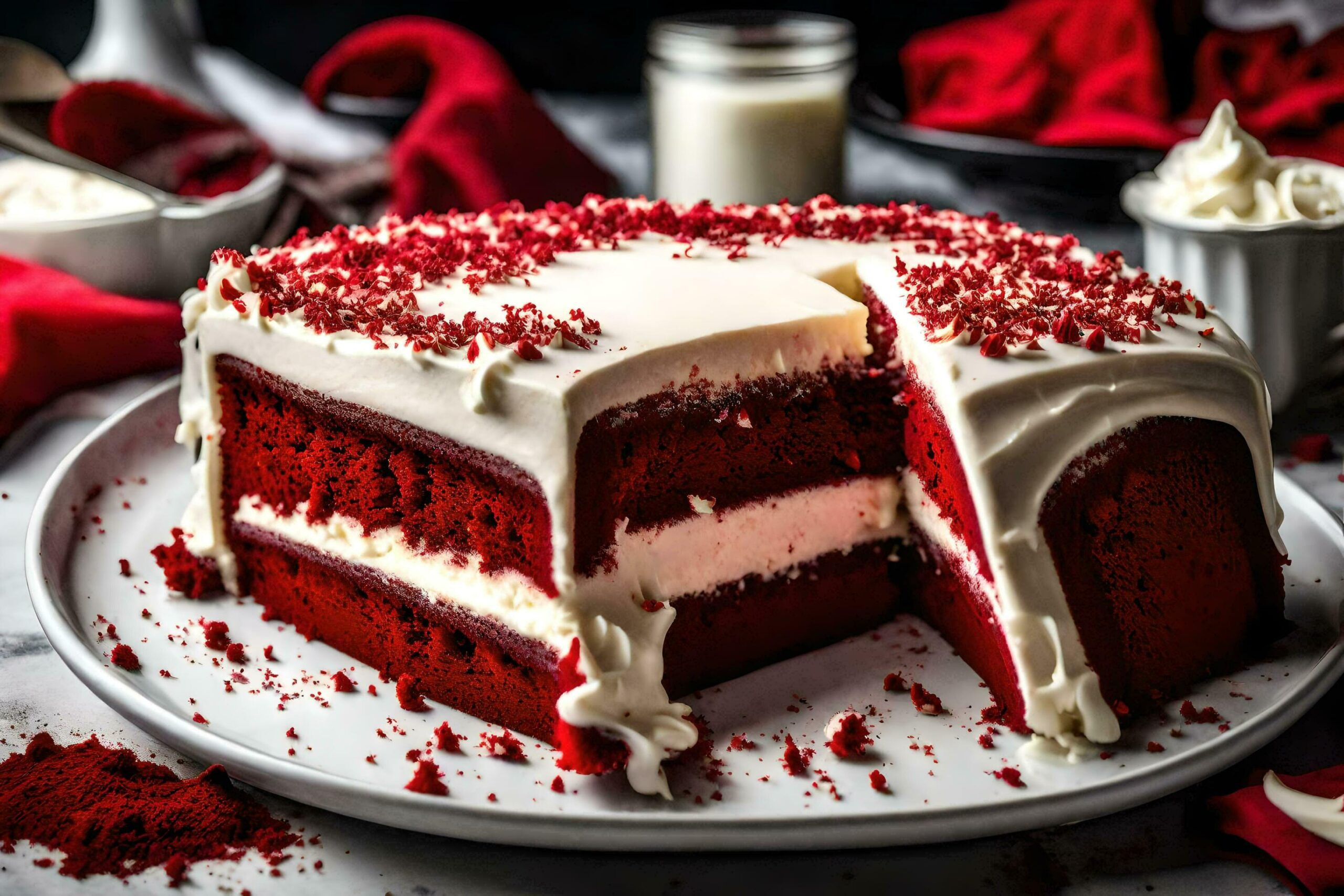 a red velvet cake with a slice taken out Free Photo