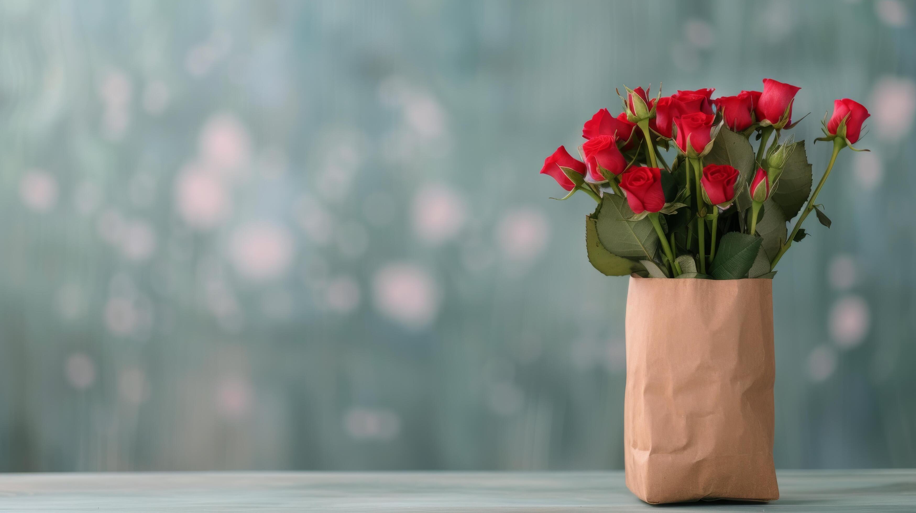 Fresh Red Roses in a Brown Paper Bag on a Soft Blurred Background Stock Free