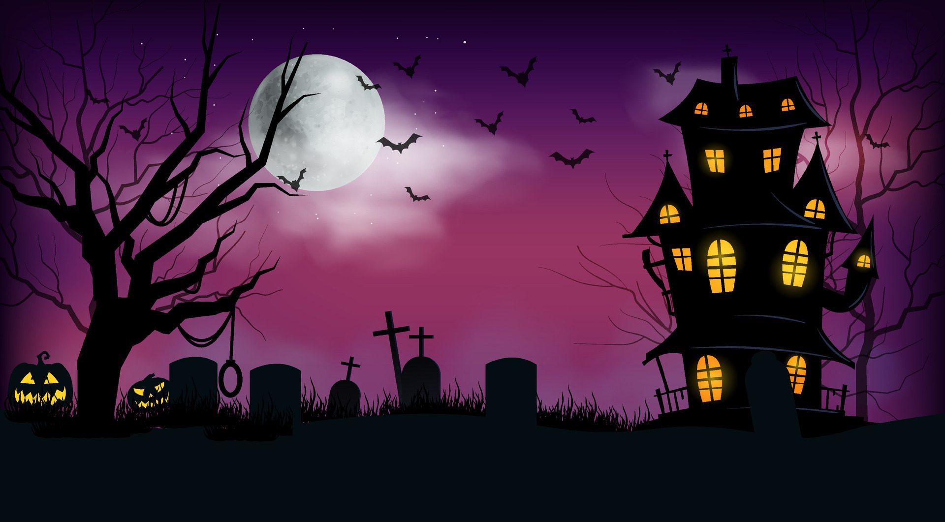 Happy halloween banner or party invitation background with spooky violet sky trees and dark castle Free Vector