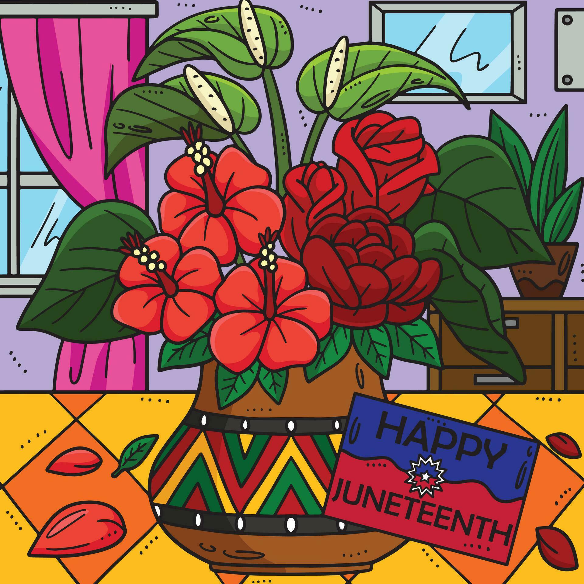 Juneteenth Red Flowers Colored Cartoon Stock Free