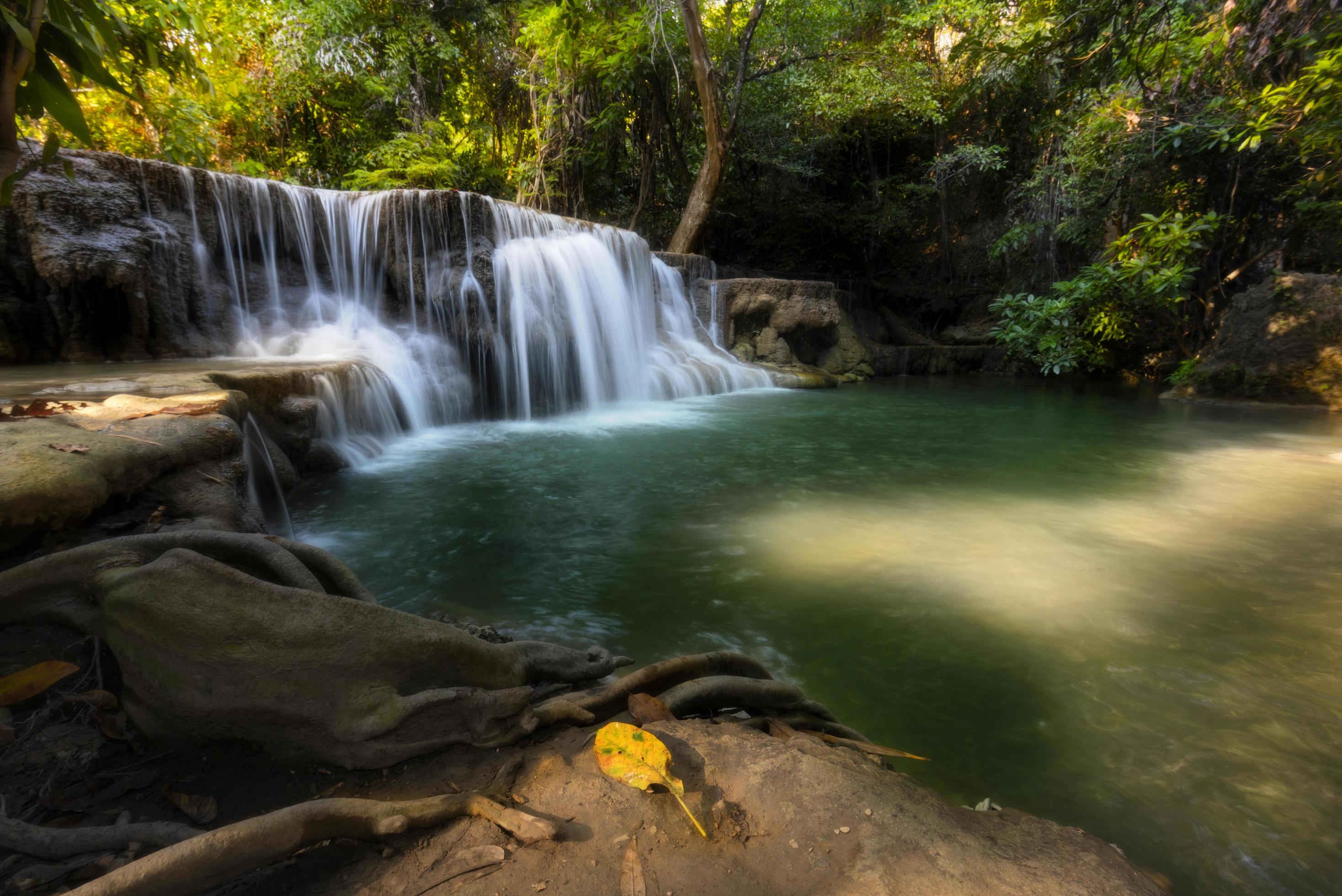 Deep forest Waterfall in Kanchanaburi, Thailand Stock Free