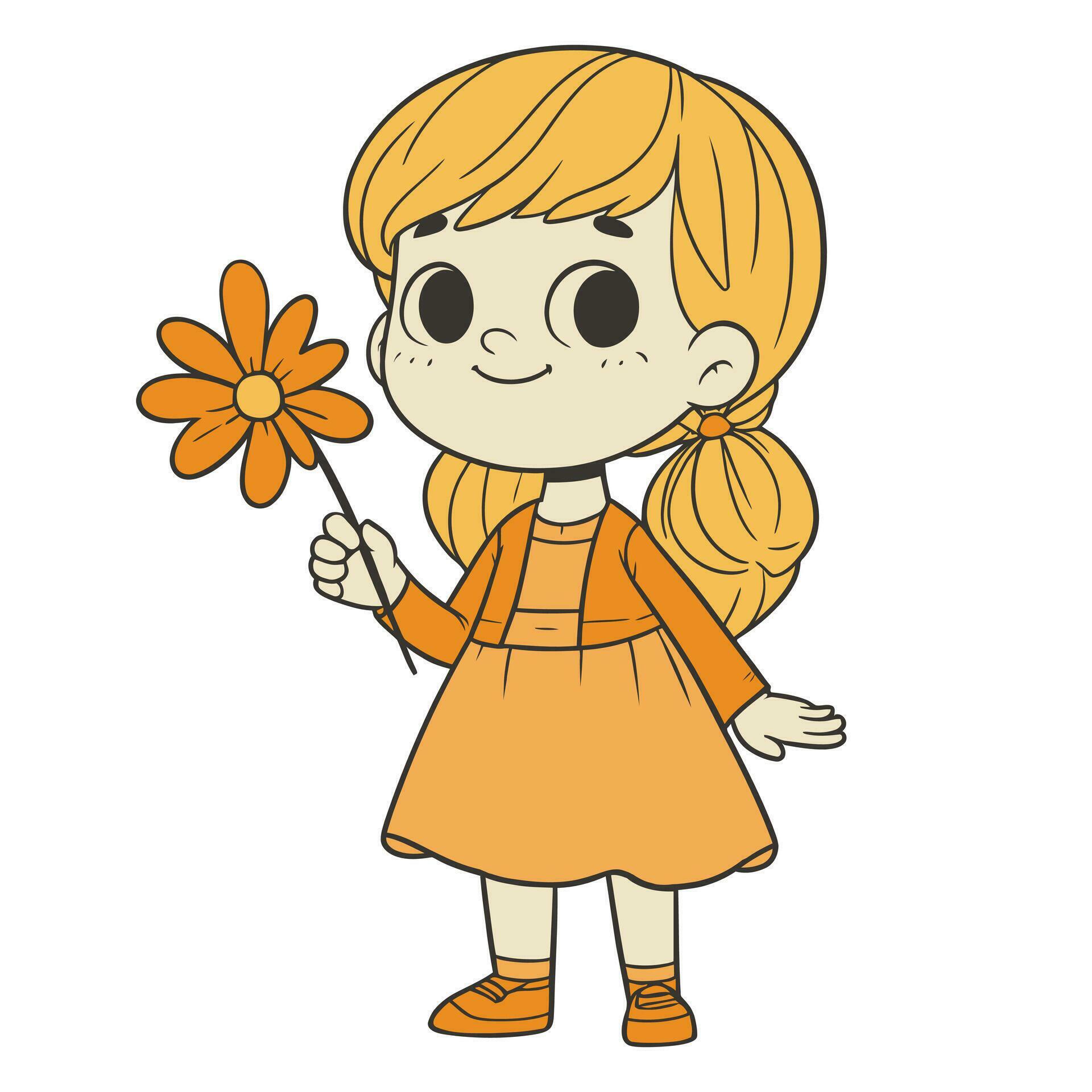 cartoon little cute girl holding a flower illustration Stock Free