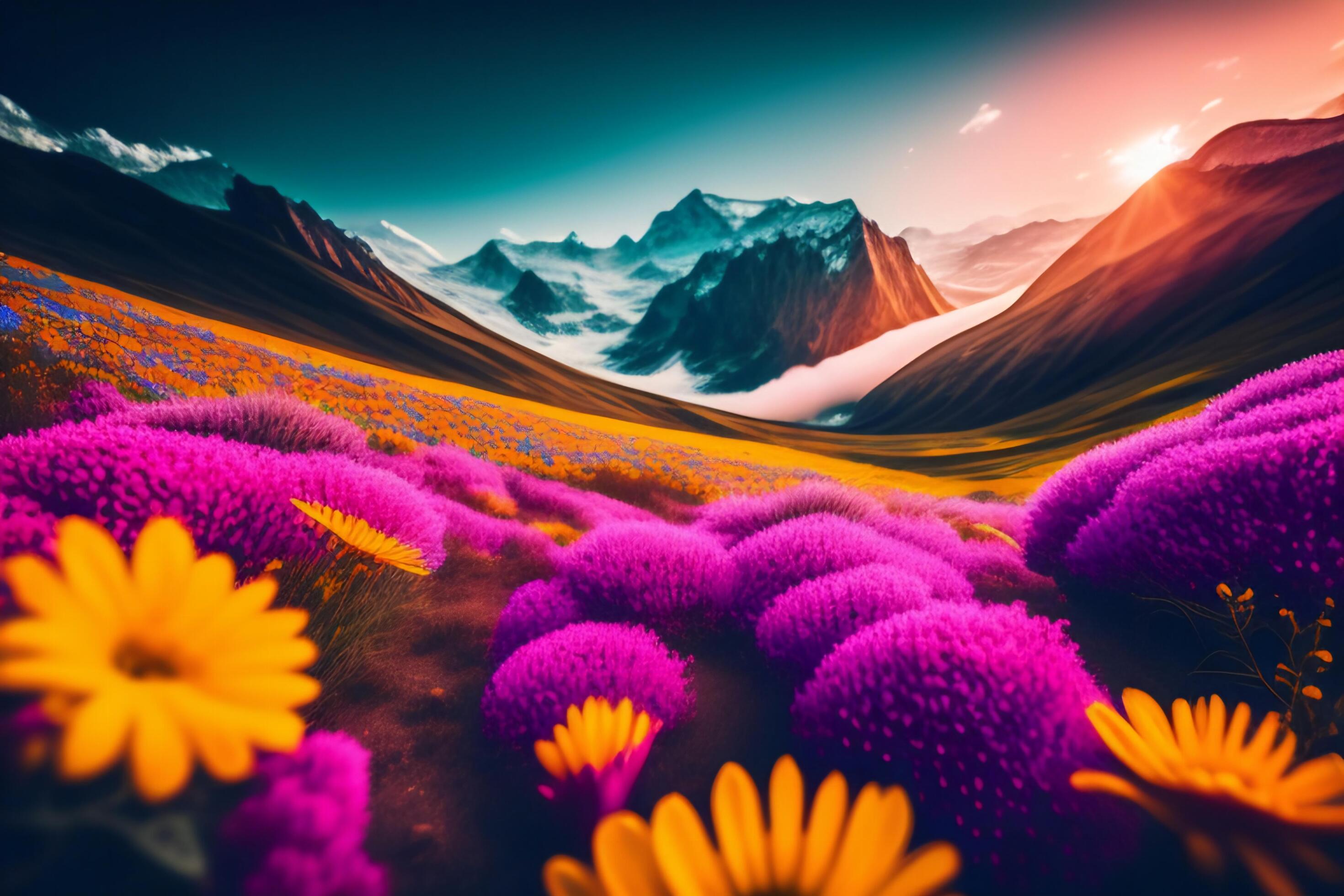 Fantasy landscape with flowers, mountains and moon. Stock Free