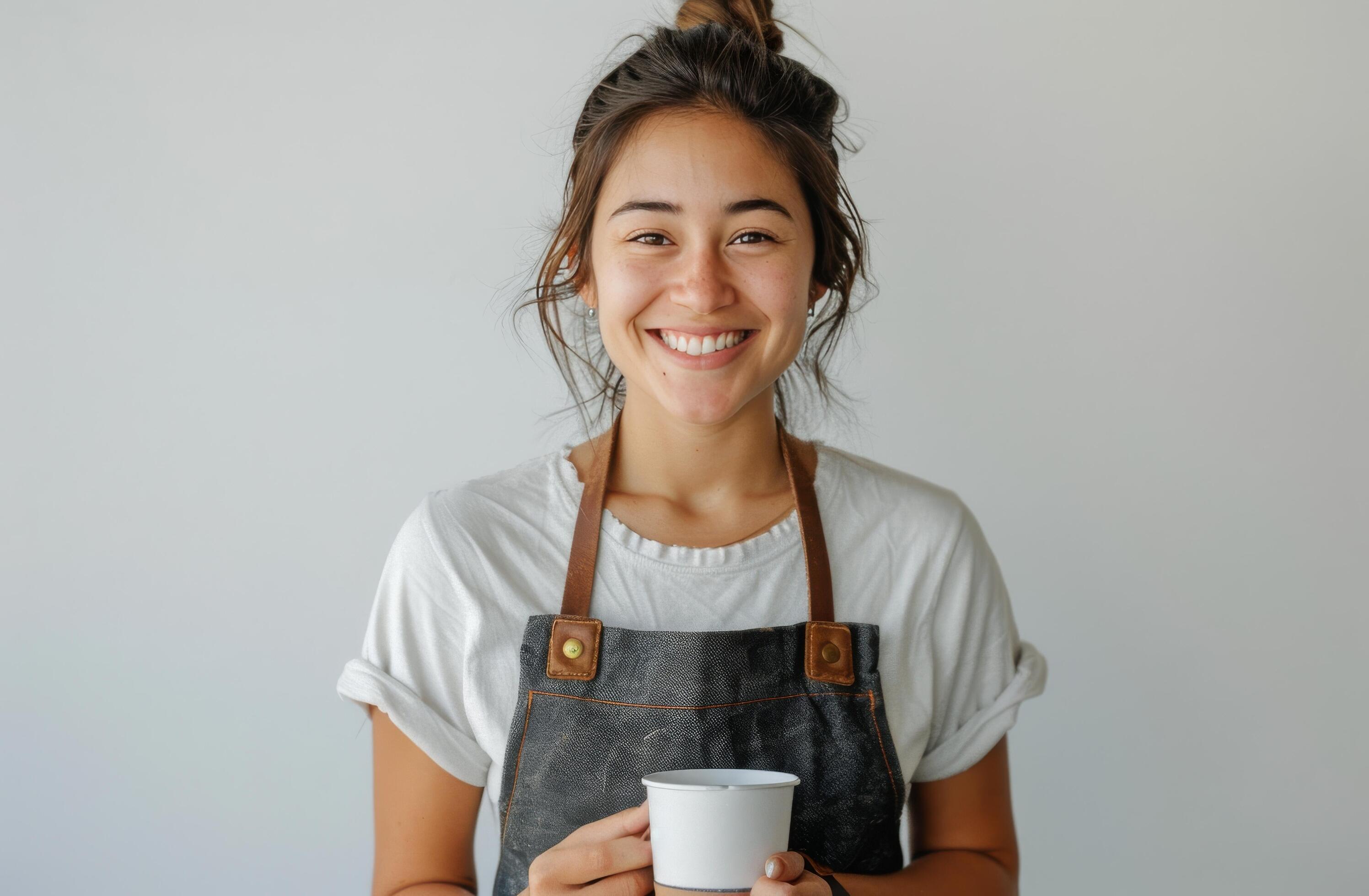 Smiling Woman in Apron Holding Coffee Cup Stock Free