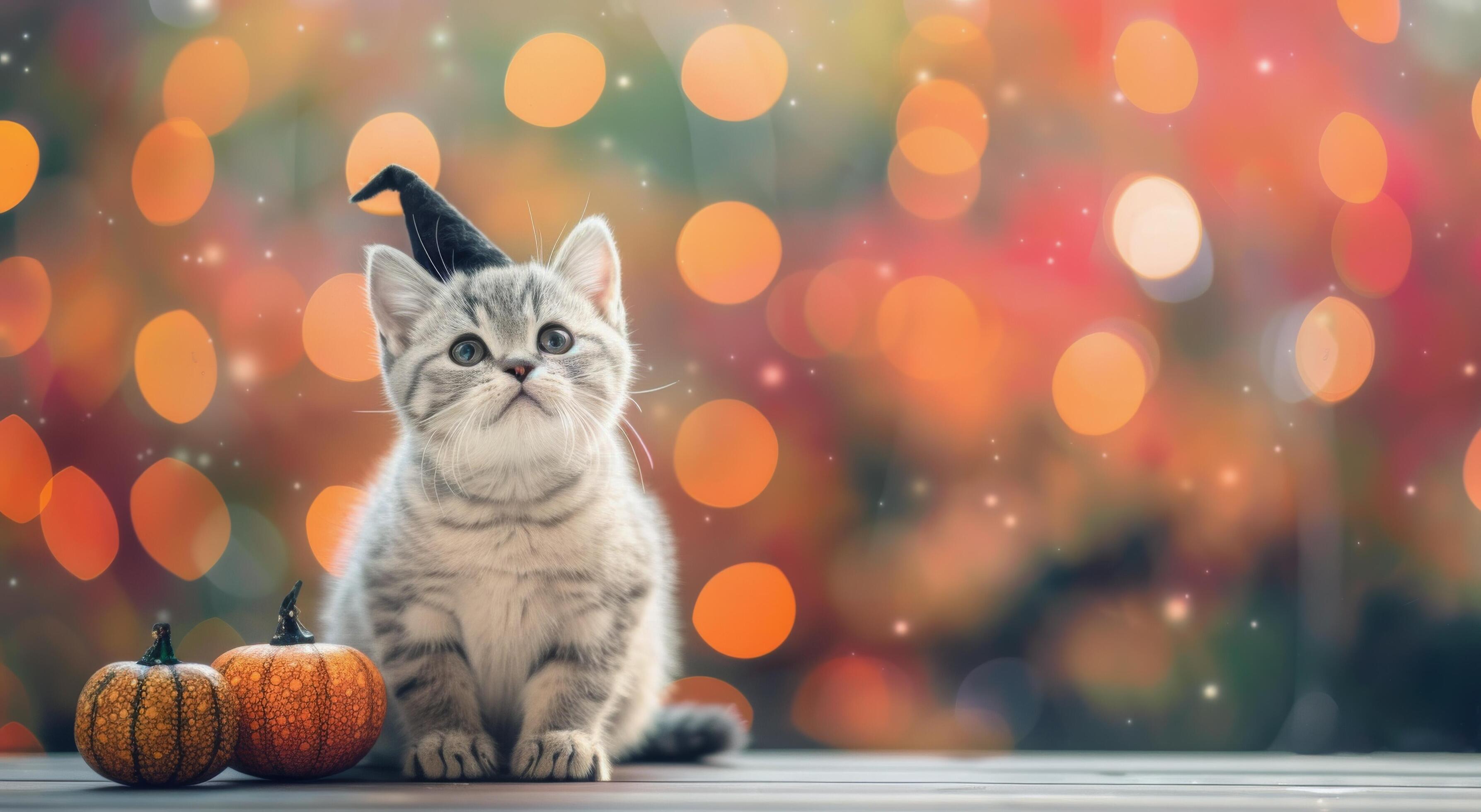 Gray Kitten Sitting Beside Halloween Pumpkins on Orange Background Stock Free