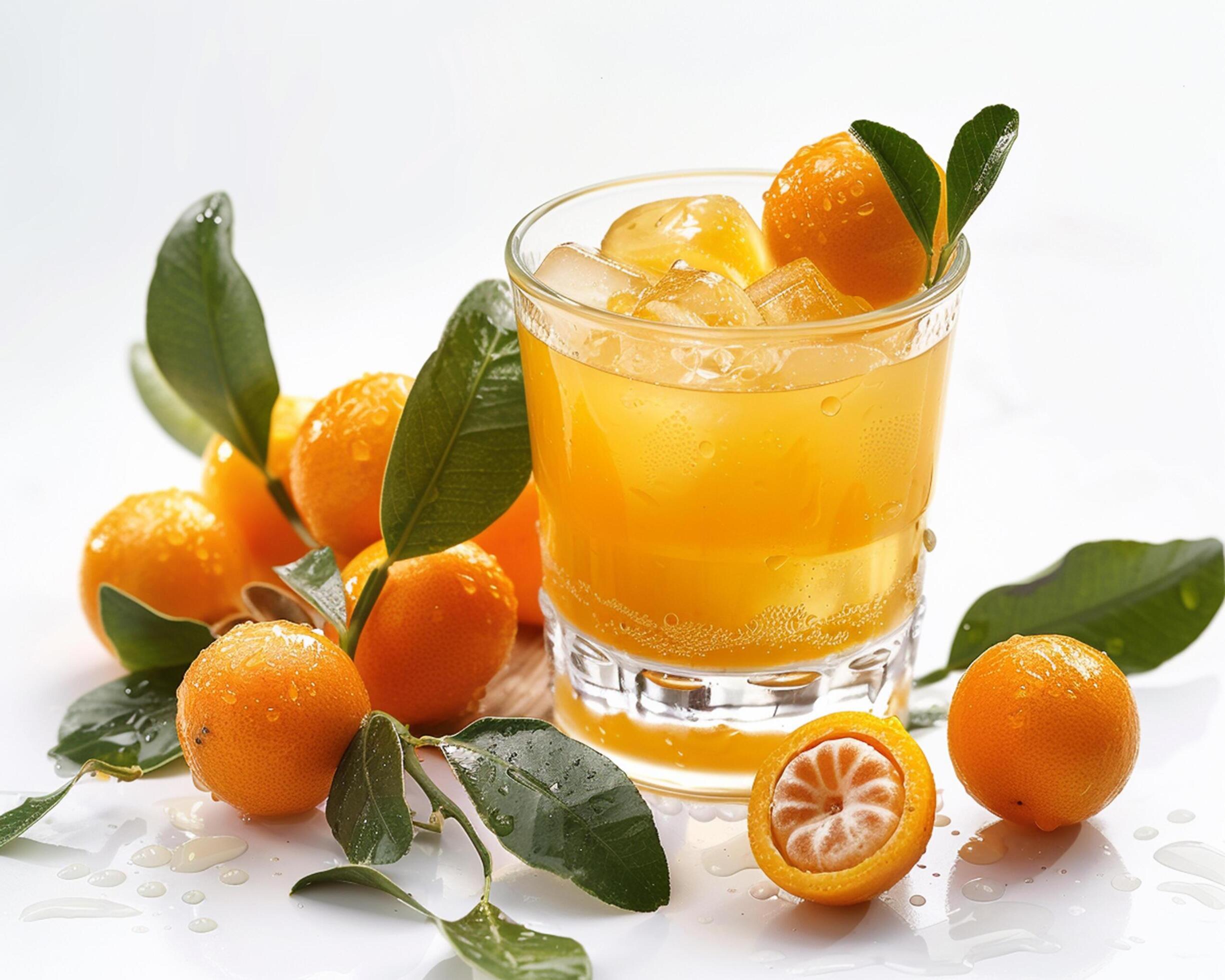 a glass of orange juice with a slice of orange Stock Free