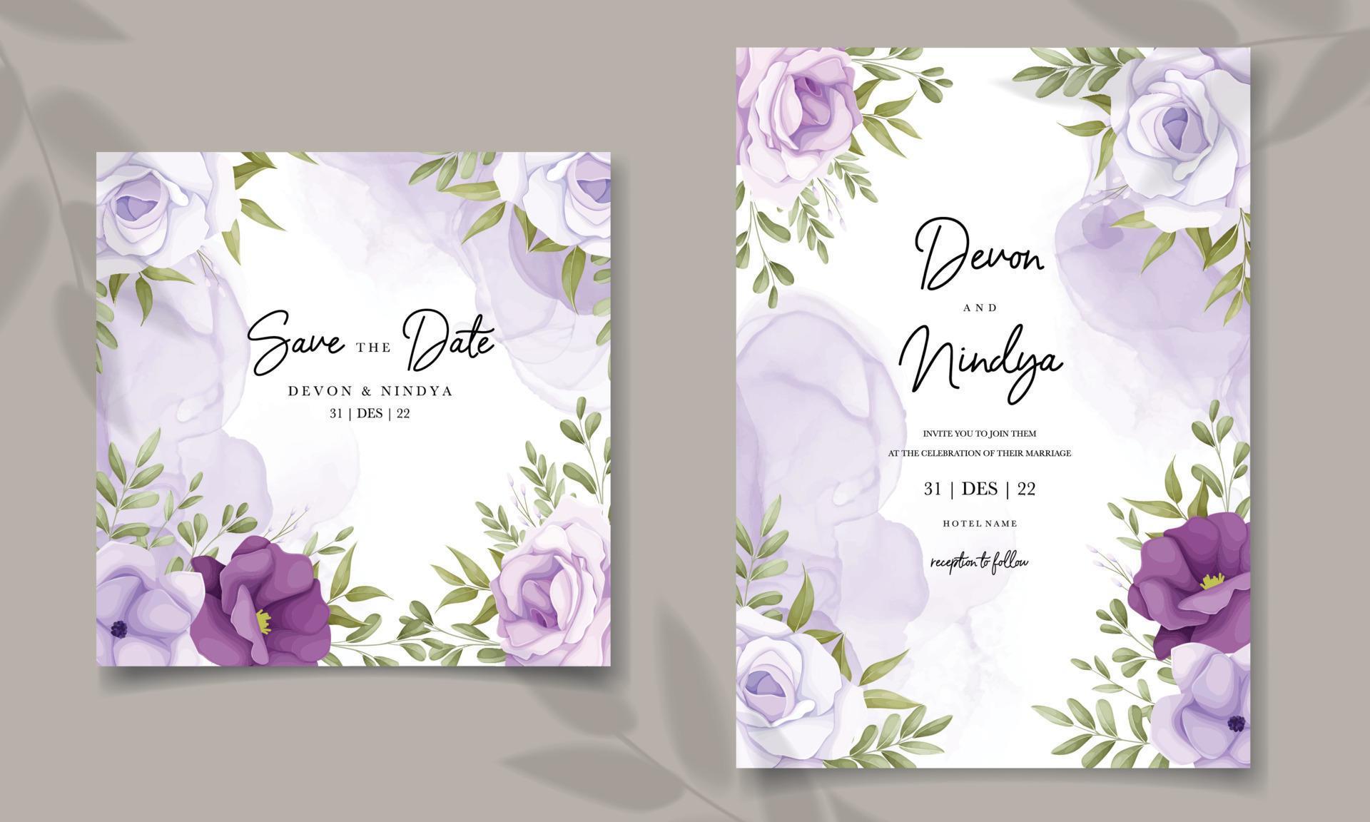 wedding invitation with pretty purple flowers Stock Free