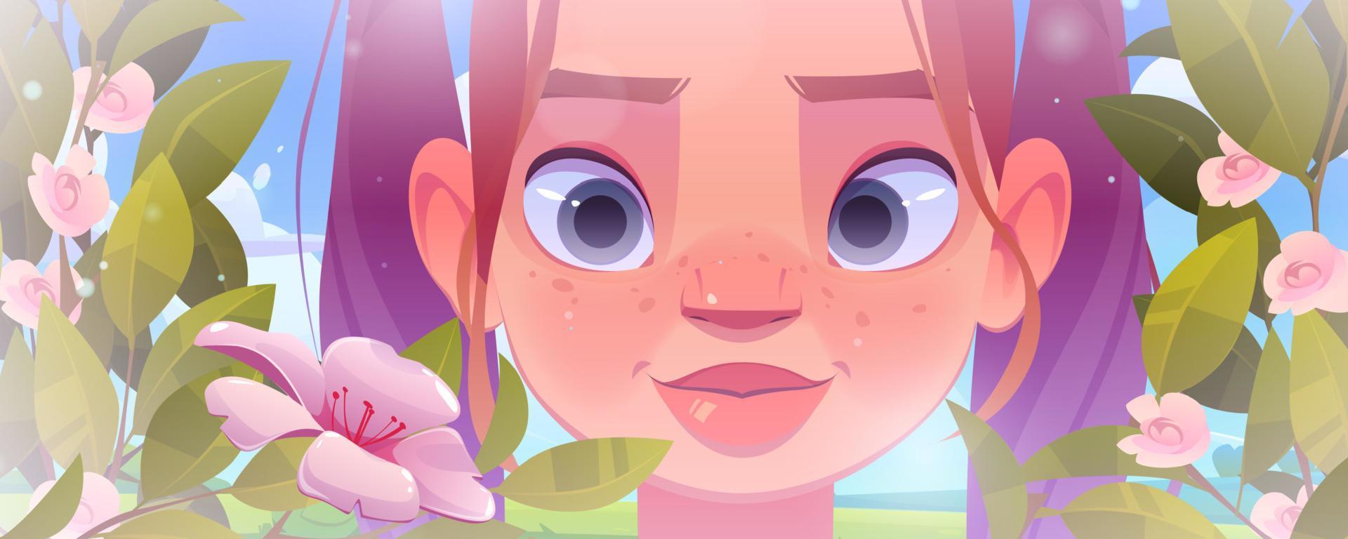 Girl face and flowers at spring or summer garden Stock Free