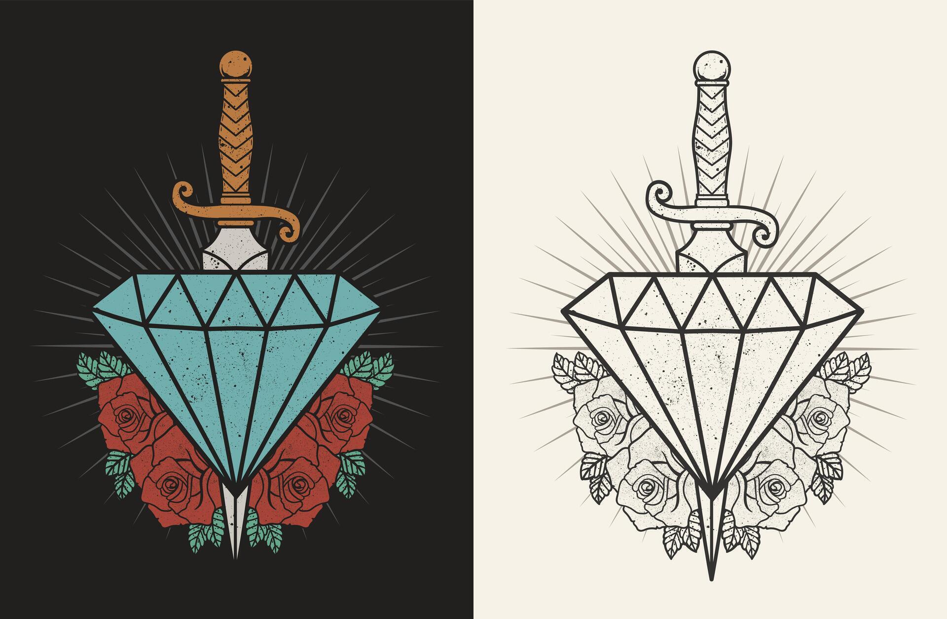 Set illustration diamond with knife and rose flowers Stock Free