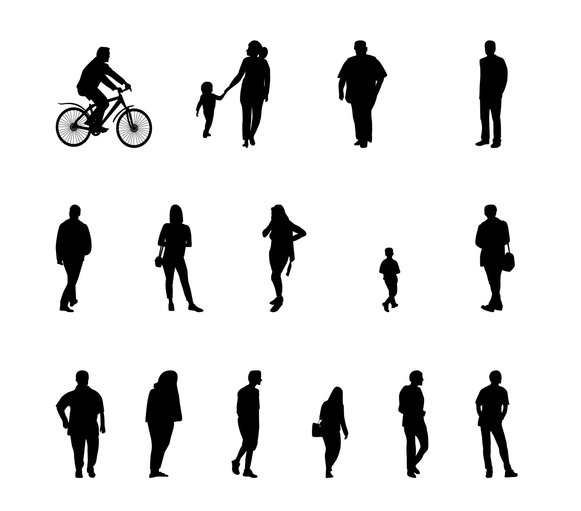 Set of Silhouette Walking People and Children. Vector Illustration. Free Vector