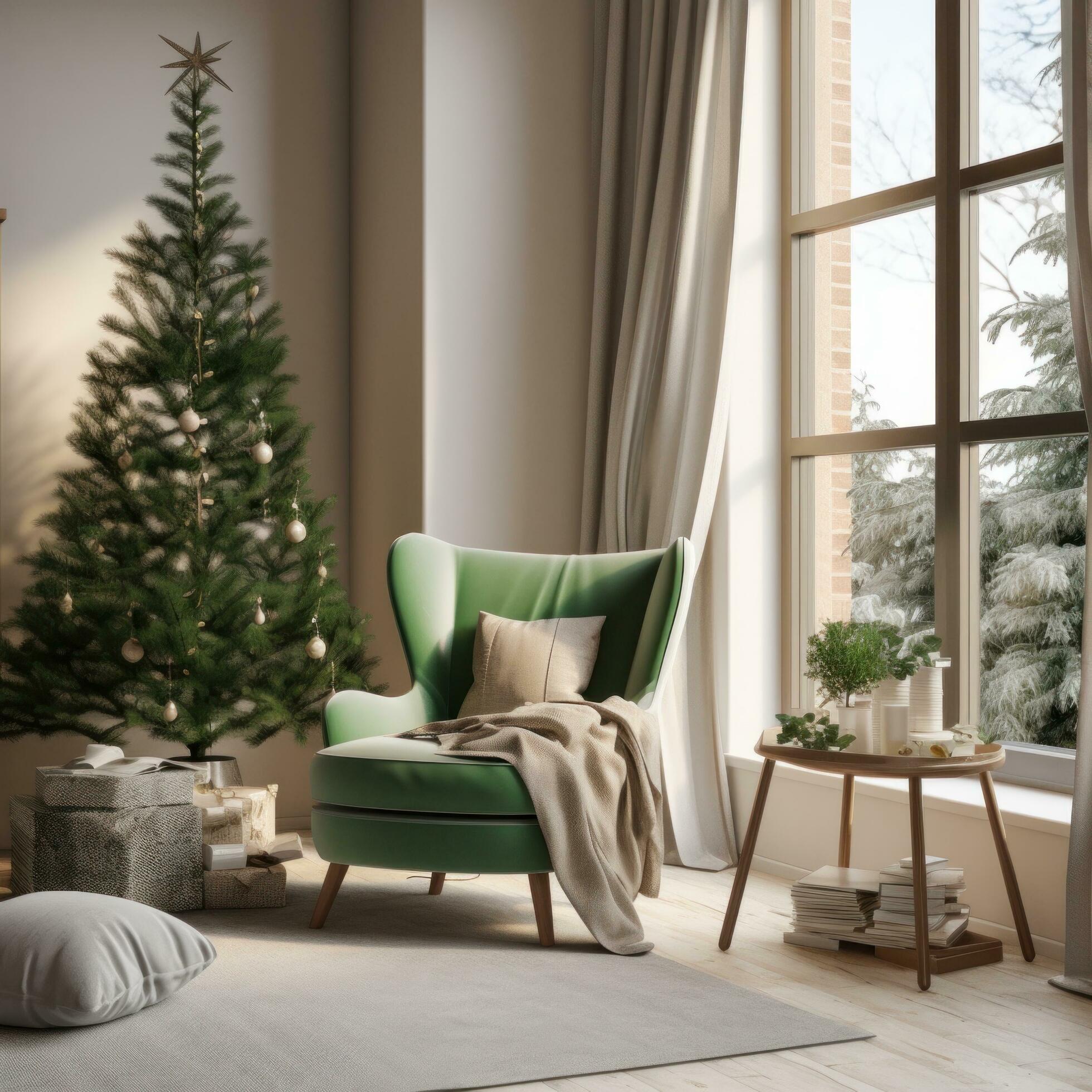 AI generated a family room with a small christmas tree and a green chair Stock Free