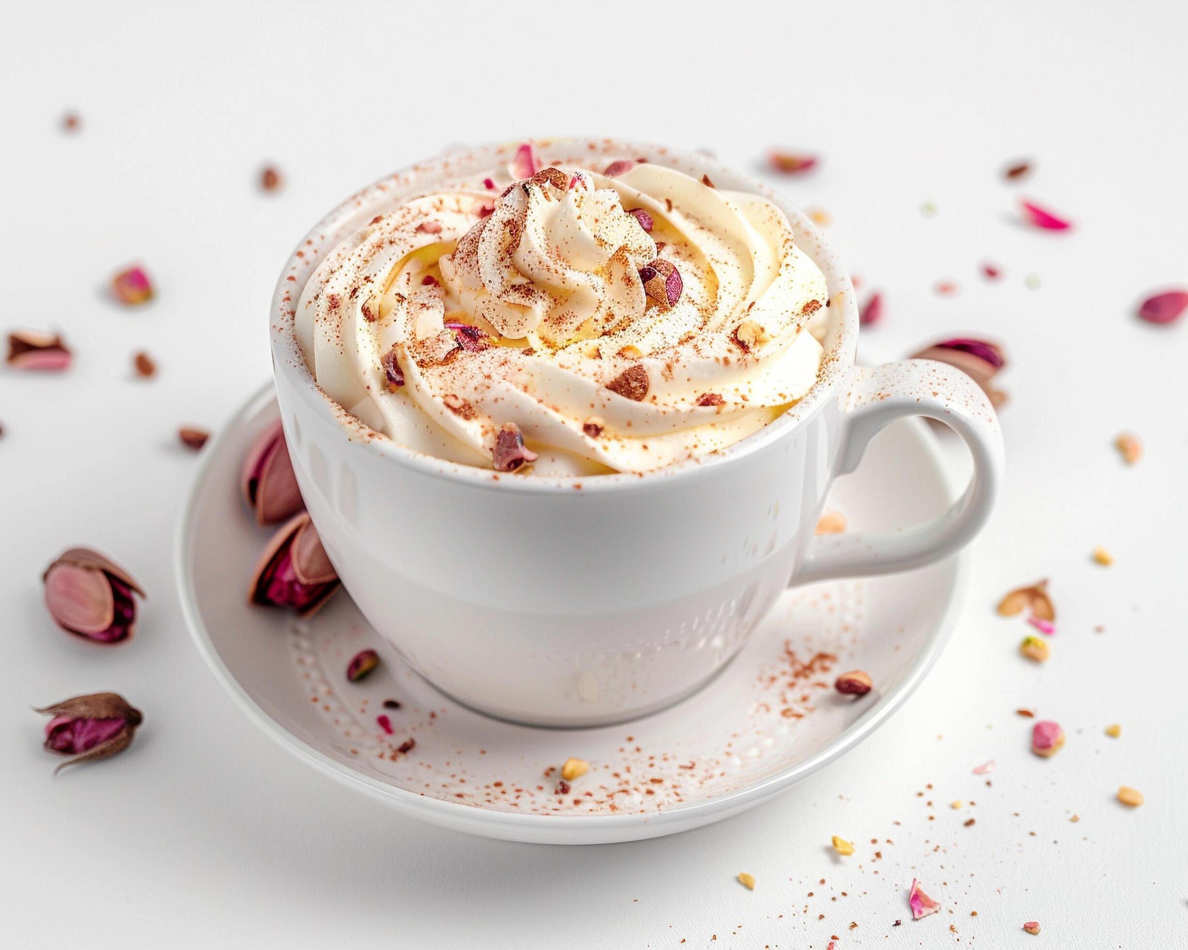 a cup of coffee with whipped cream and rose petals Stock Free