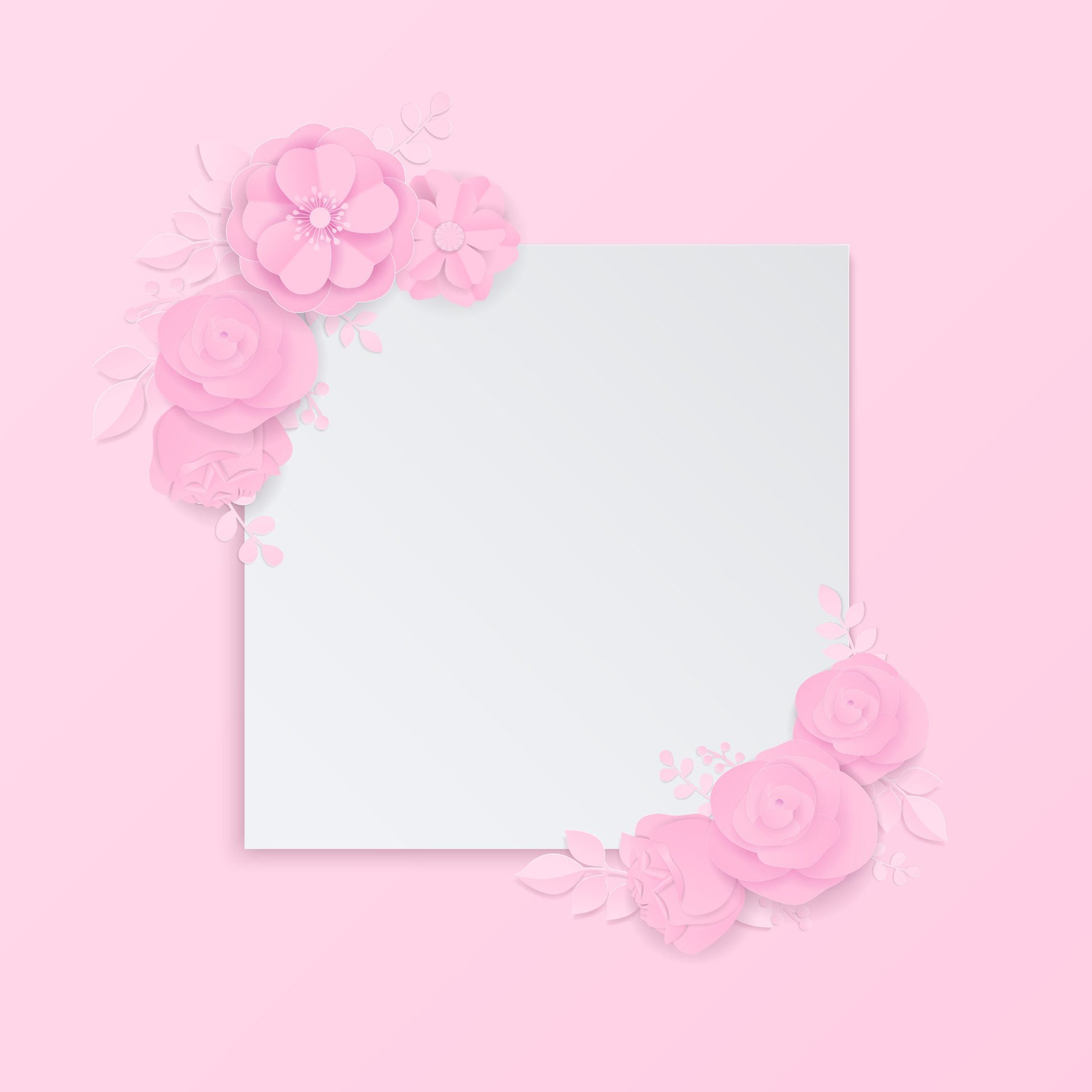 Pink paper flowers wreath and white banner Free Vector