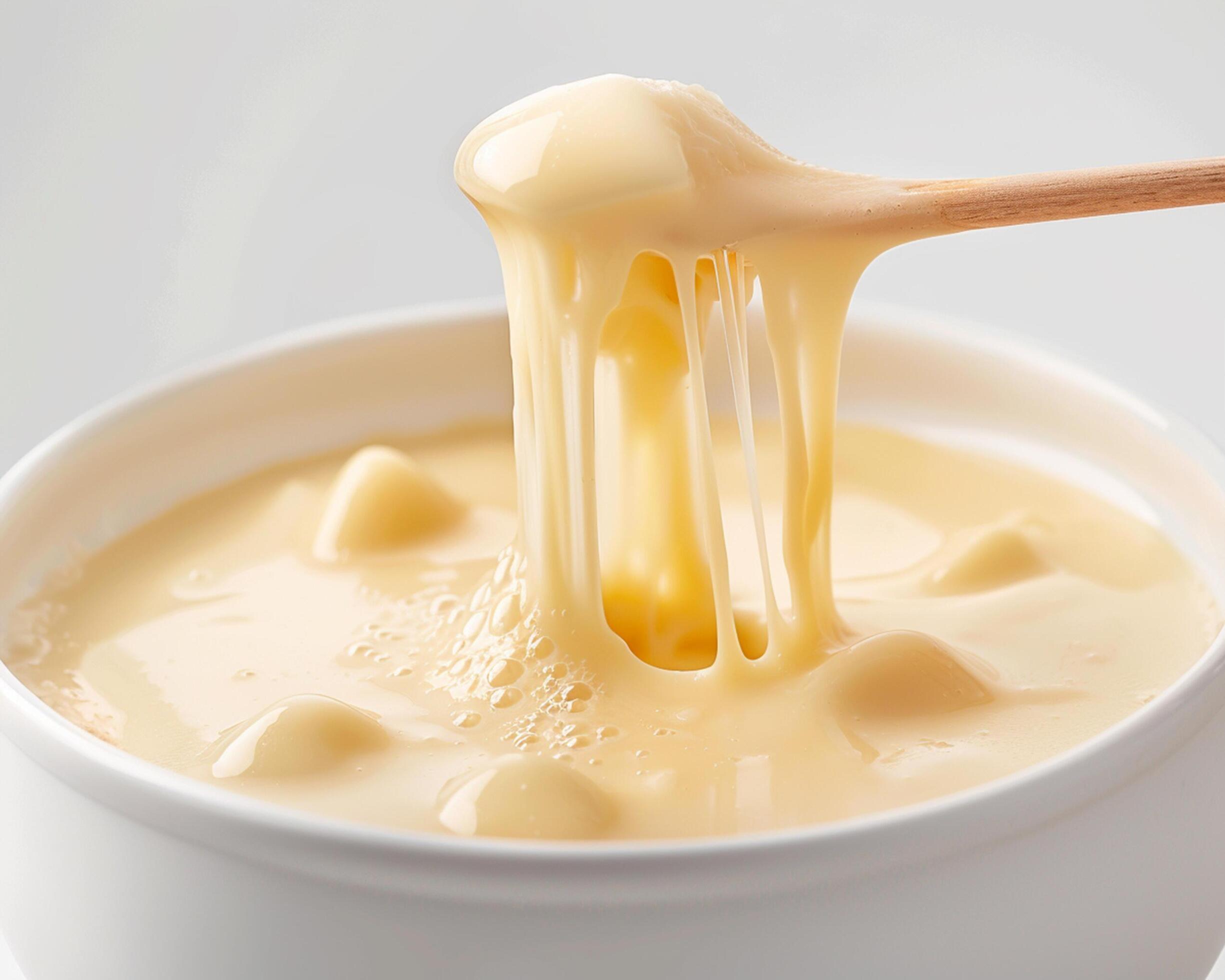 a spoon with melted cheese in a bowl Stock Free