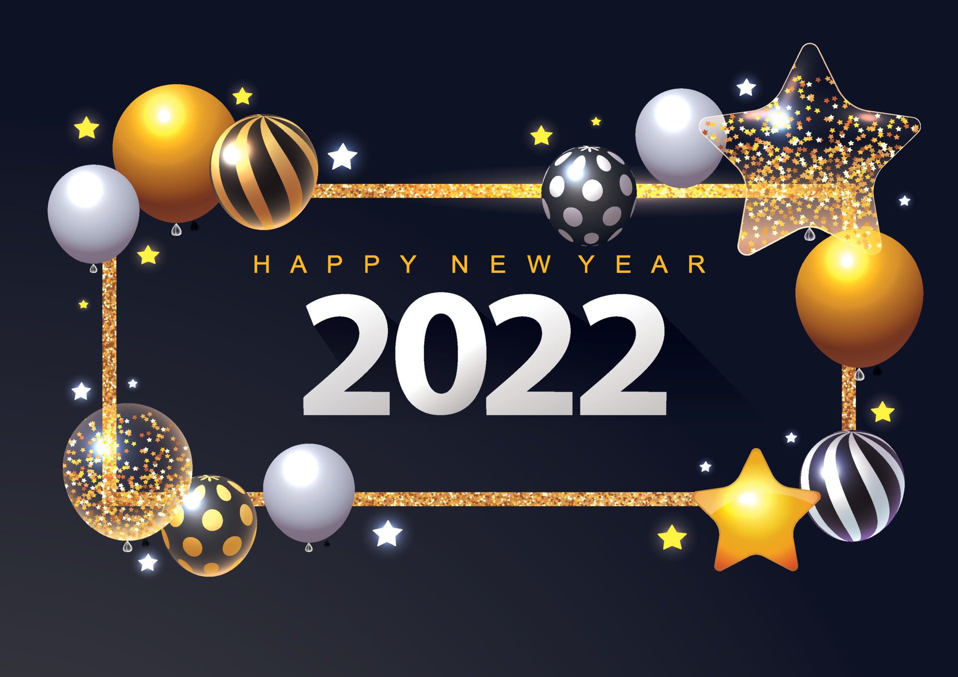 2022 new year greeting card or banner 3D metallic stars balls Free Vector