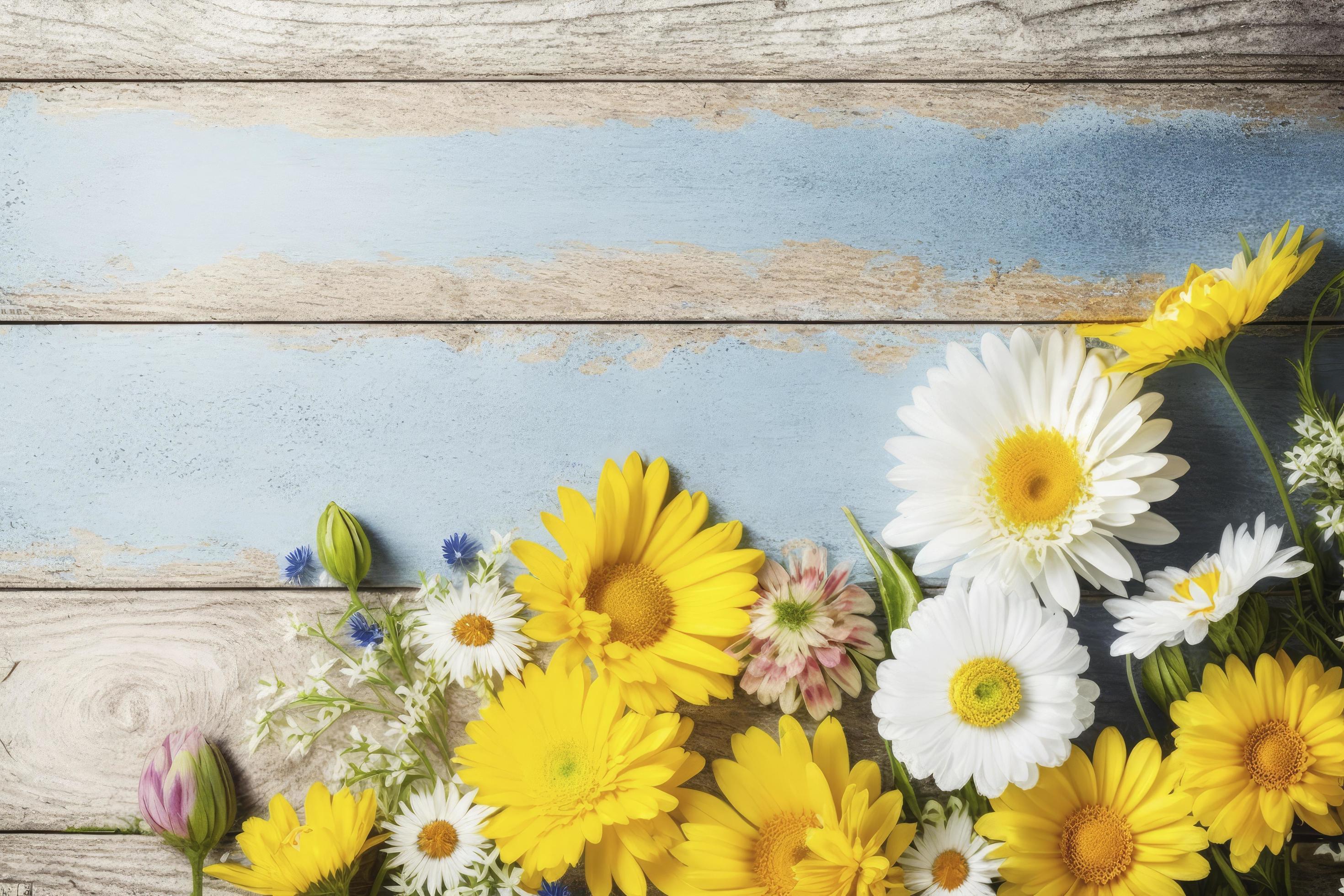 Garden flowers over wooden background stock photo Springtime, generate ai Stock Free