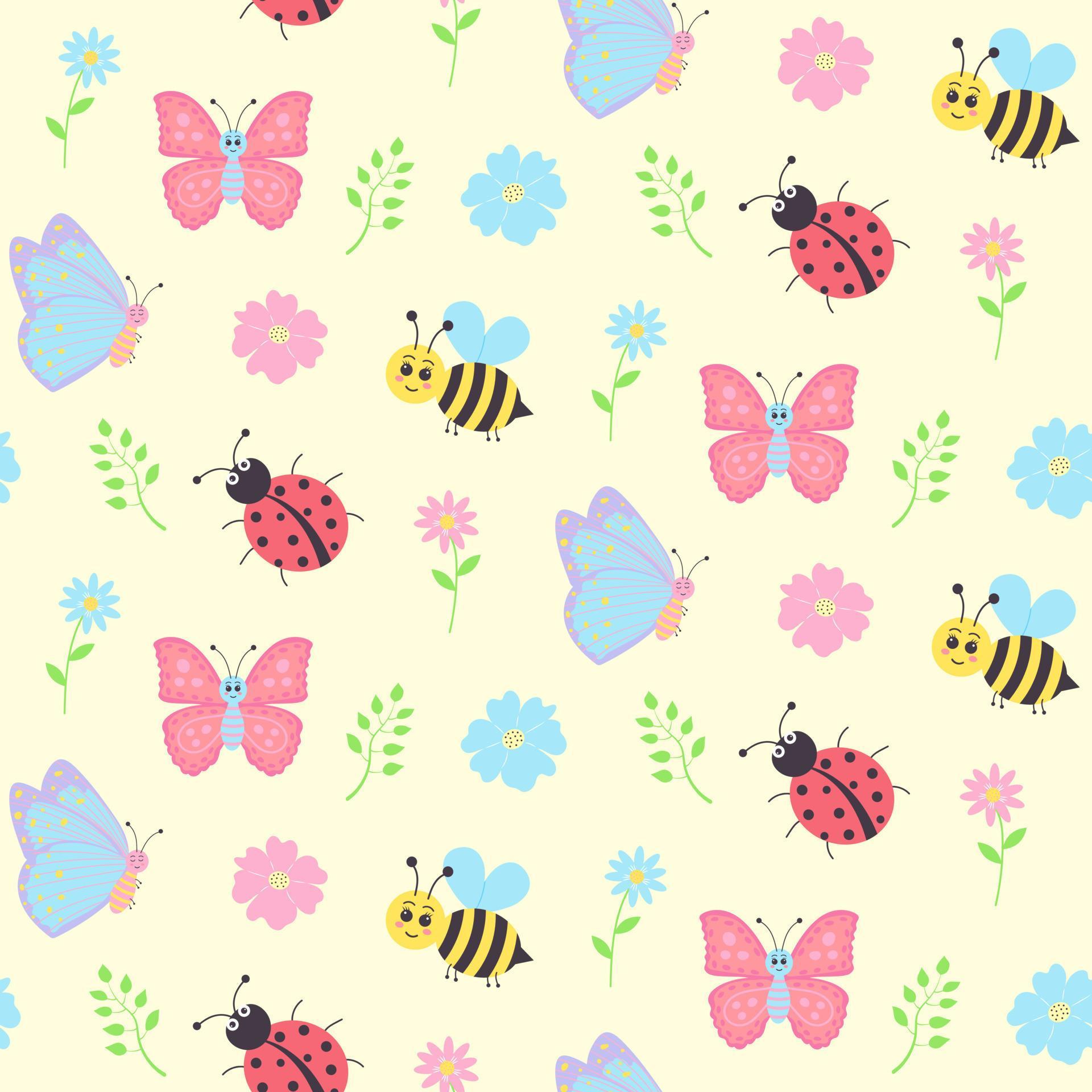 Seamless pattern with cute bees, butterflies, ladybugs, flowers and twigs. Cute pastel digital paper. Stock Free