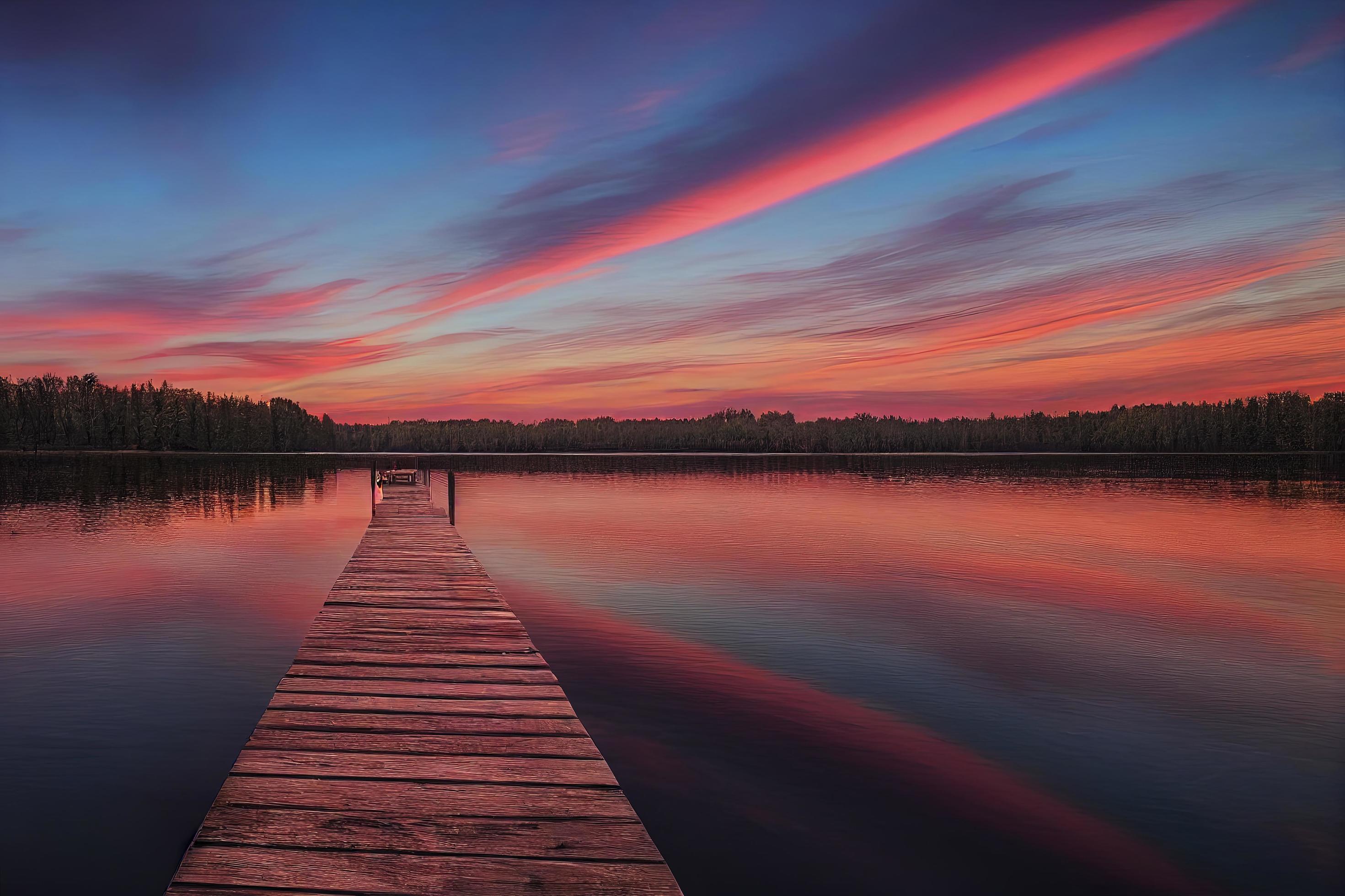 colorfull wooden pier on a lake that is totally calm during sunset Stock Free