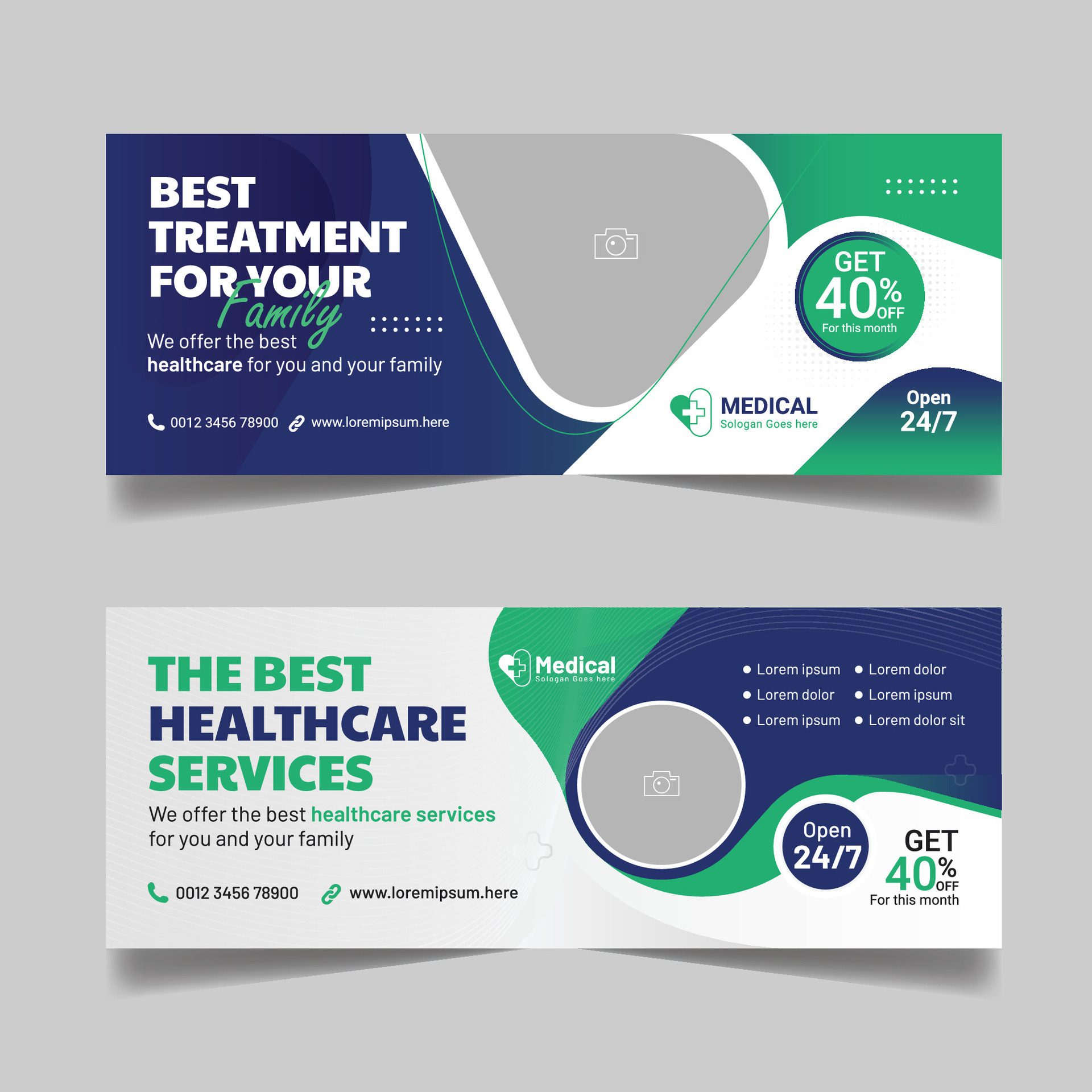 Medical healthcare horizontal cover design, Hospital business promotional social media marketing template, Multipurpose web banner set Free Vector