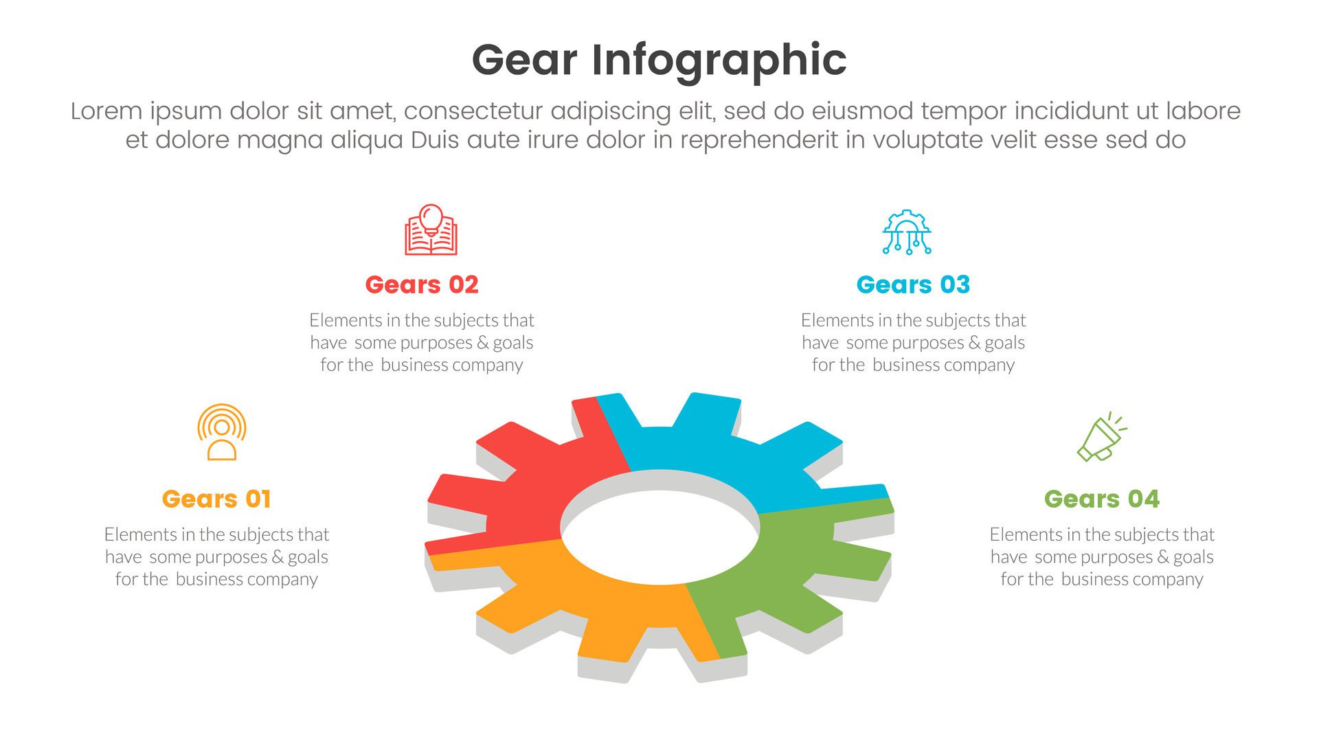 gear cogwheel infographic template banner with 3d shape on center with 4 point list information for slide presentation Free Vector